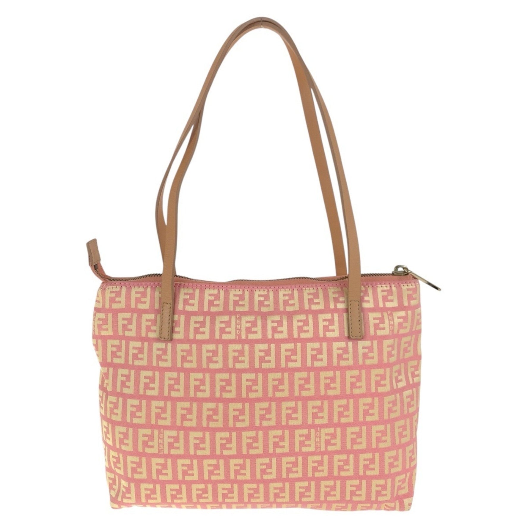 FENDI Zucchino Pink Beige Gold Hardware Canvas Leather 2305 028 Tote Bag Shoulder
