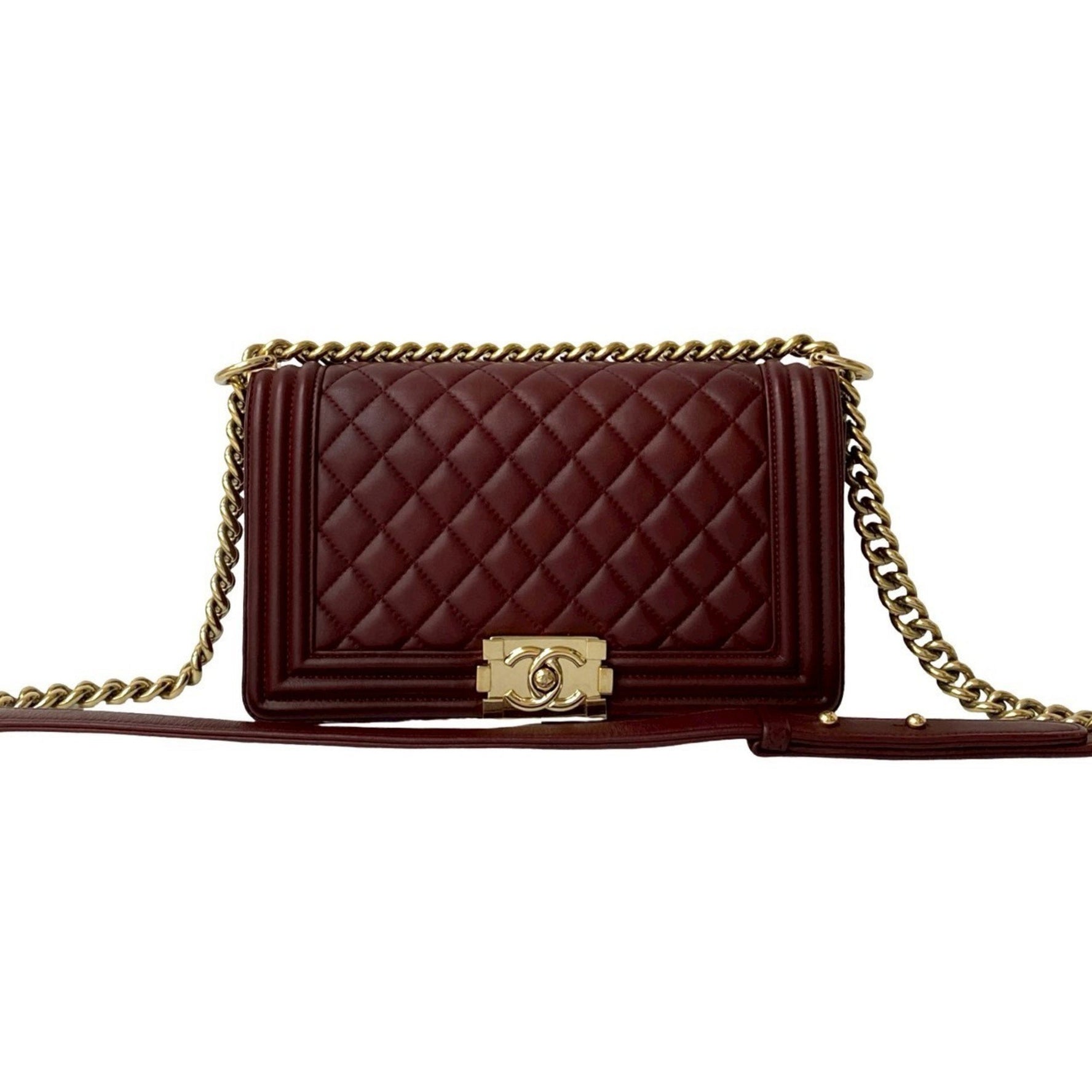 CHANEL Boy Matelasse Coco Lambskin Chain Shoulder Bag, Bordeaux