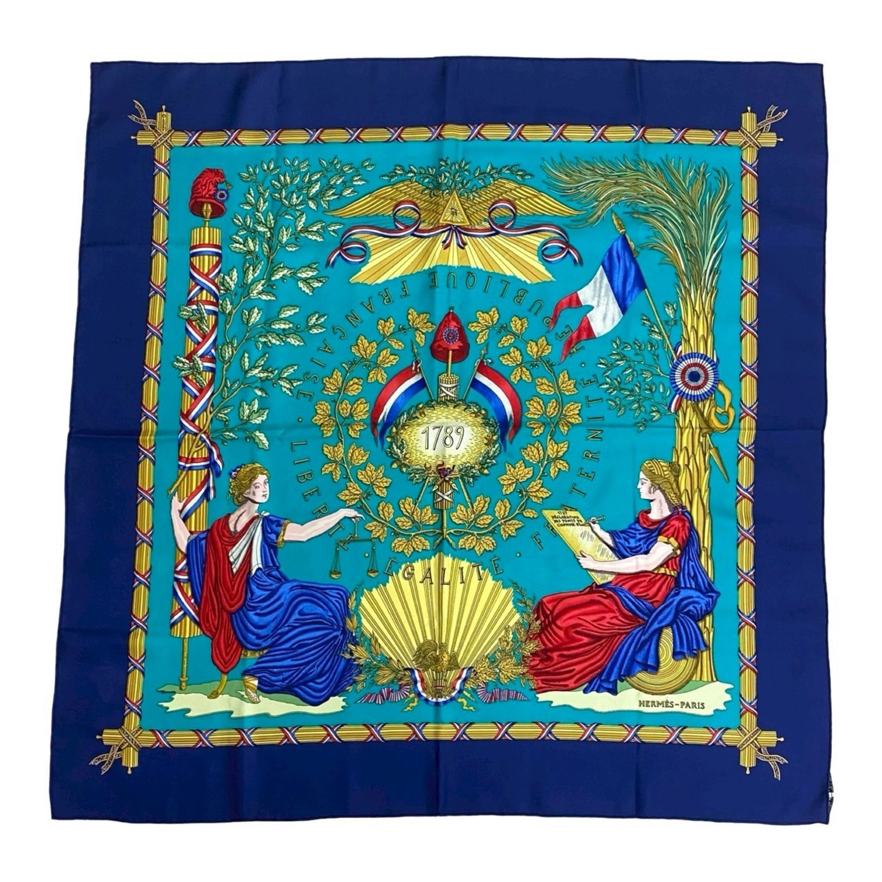 HERMES Vintage Carré 90 1789 LIBERTE EGALITE FRATERNITE REPUBLIQUE FRANCAISE Silk Scarf, Navy Blue, Commemorating the French Revolution