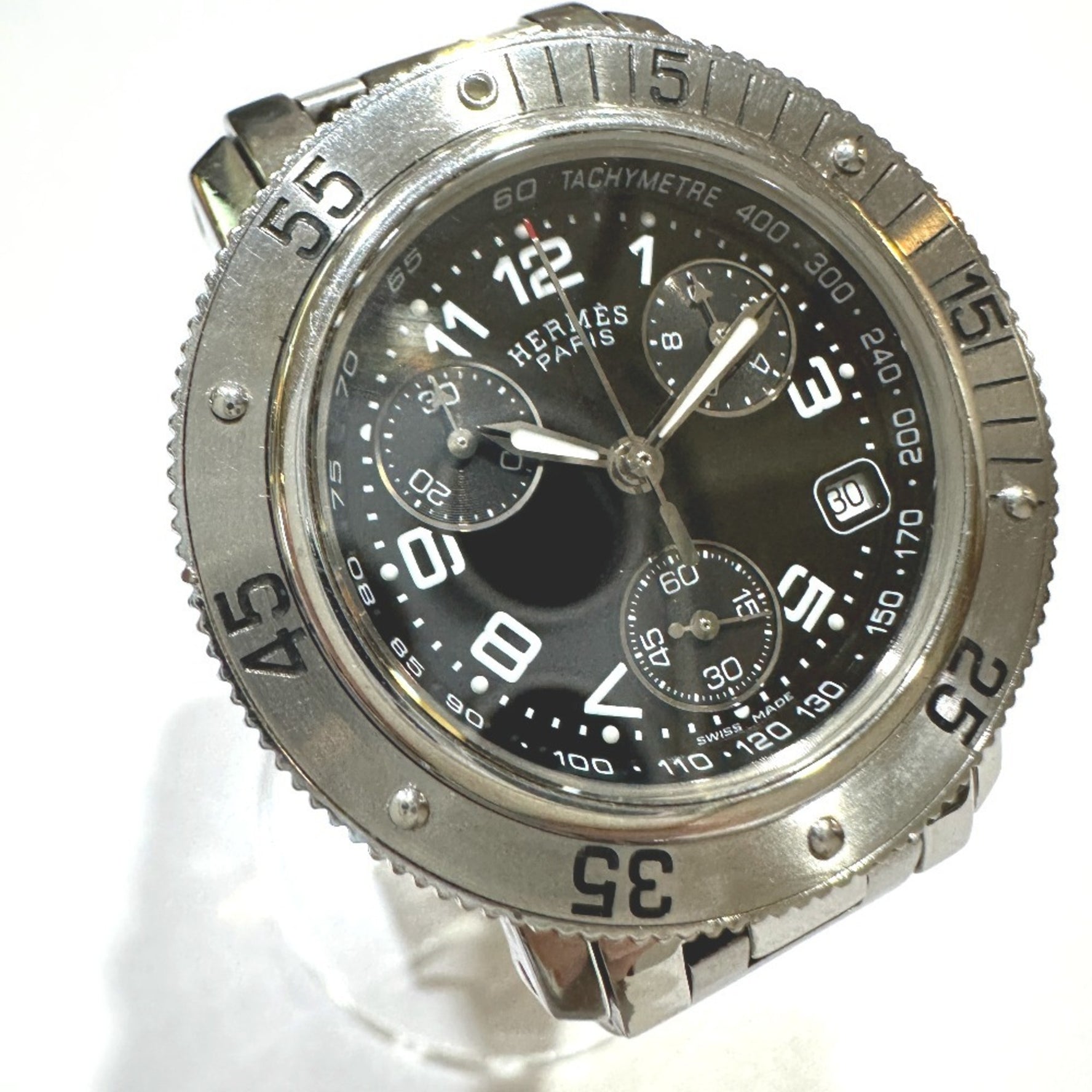 HERMES Chronograph Clipper Diver Watch Stainless Steel Silver