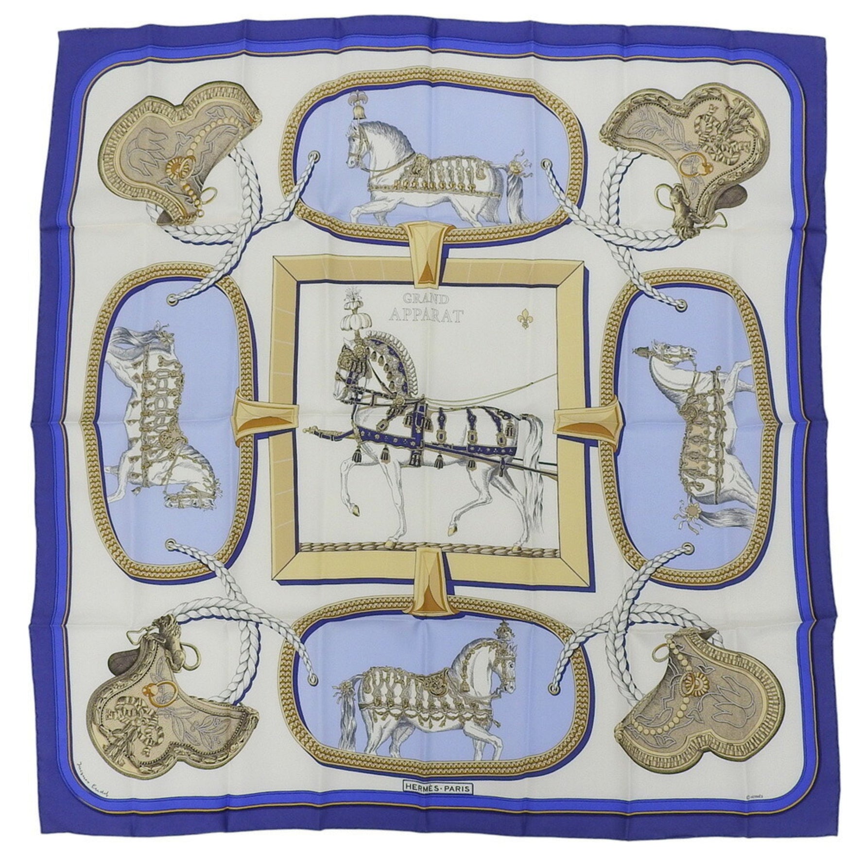 Hermes Like new Hermès Carré 90 Horse in Full Dress, Silk Scarf, Blue and White, Large