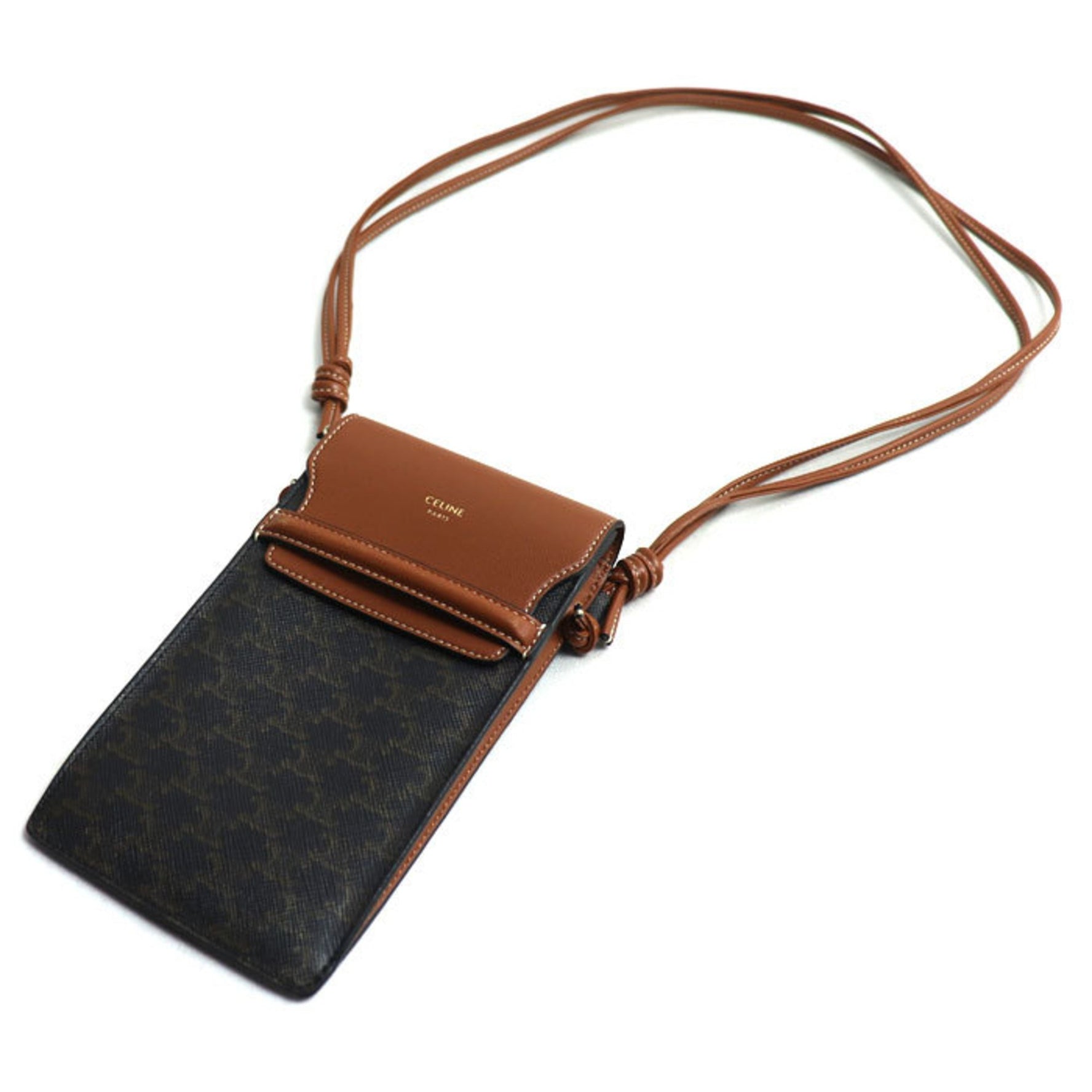 CELINE Triomphe Flap Mobile Pouch Shoulder Bag Tan