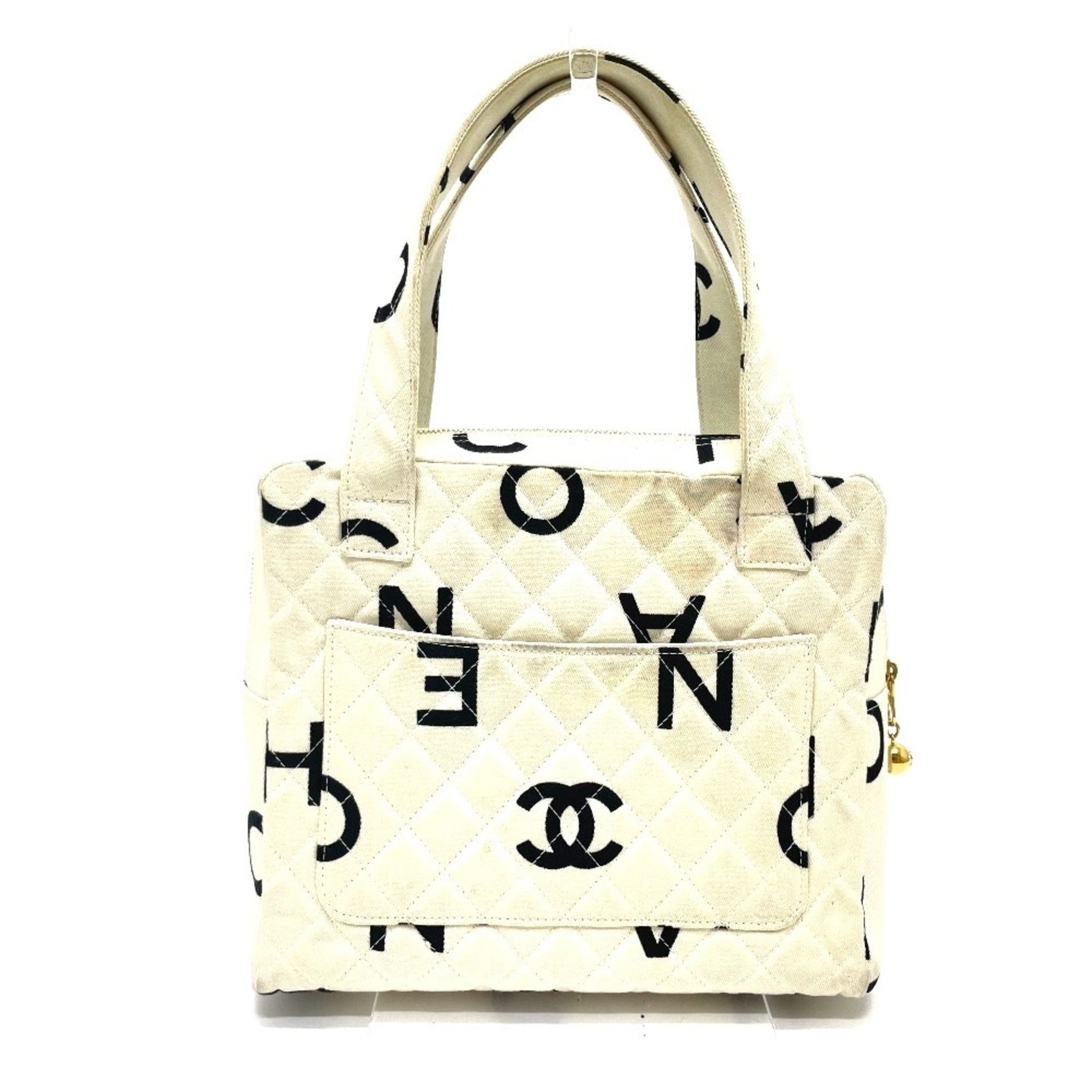 CHANEL CC Coco Mark Matelasse Logo Tote Bag, Cotton Canvas, Ivory and Black