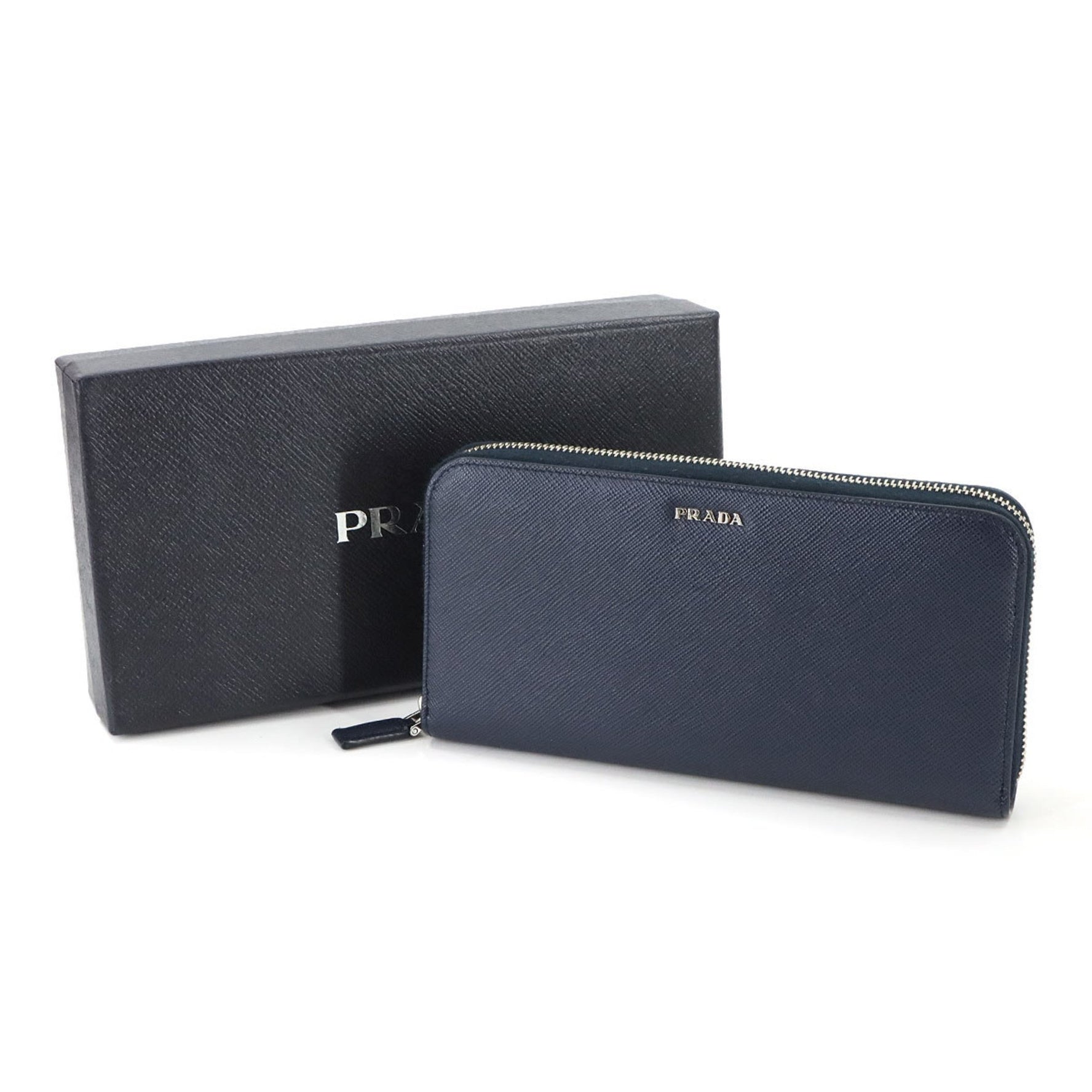 Prada Saffiano Round Long Wallet in Navy Leather with Silver Hardware, 2ML317
