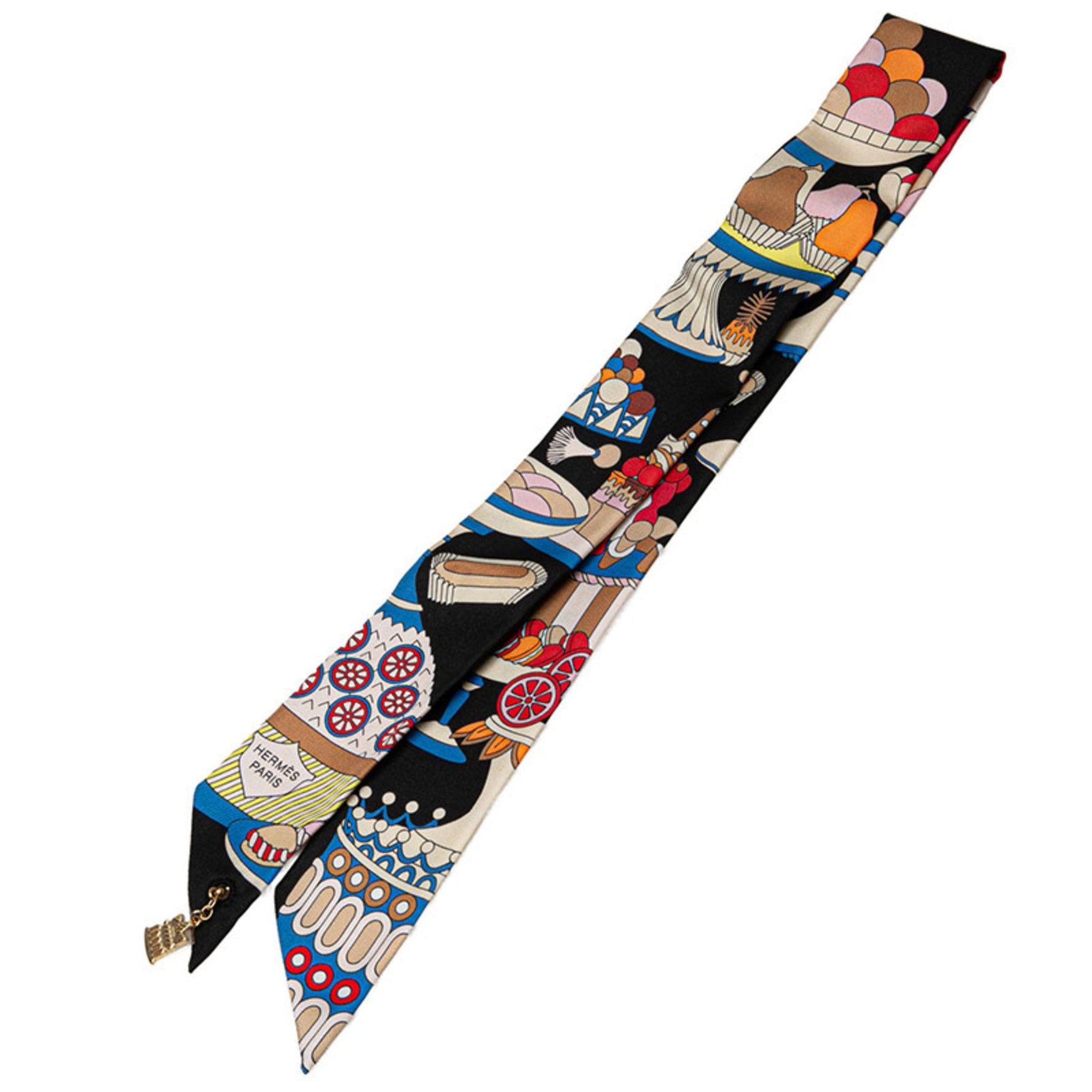 Hermès Twilly Charm La Patisserie Francaise Scarf Muffler Black Multicolor Silk HERMES