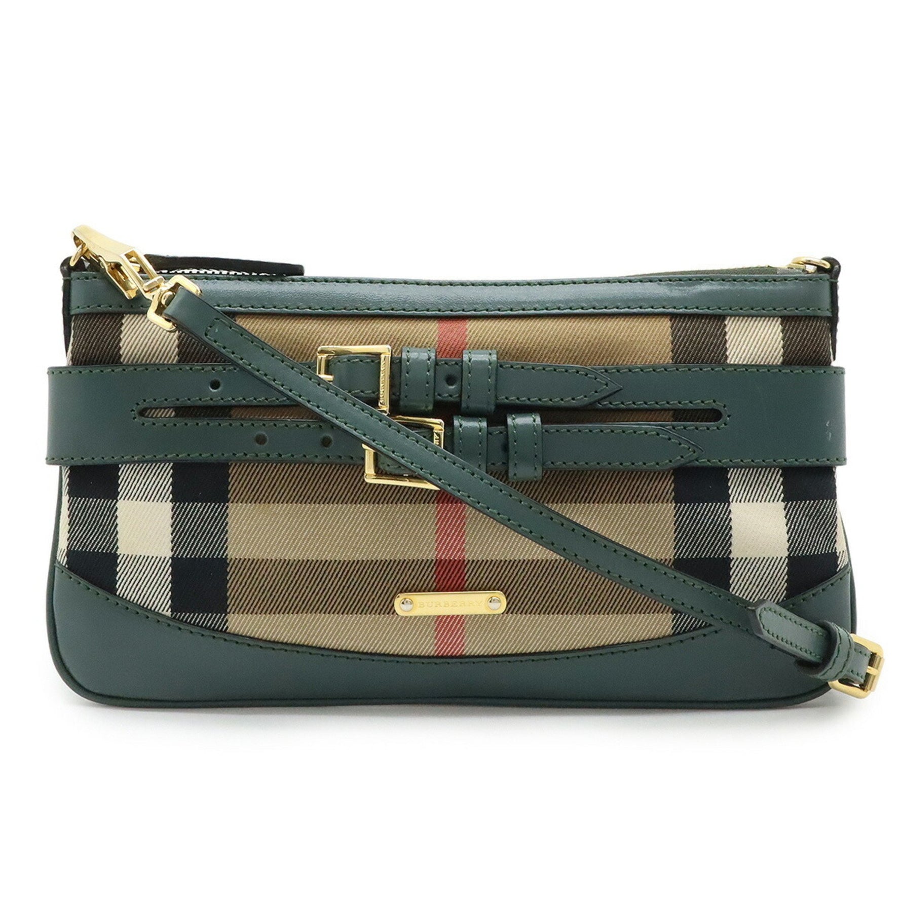 BURBERRY House Check Pattern Shoulder Bag Pochette Clutch Canvas Leather Beige Green