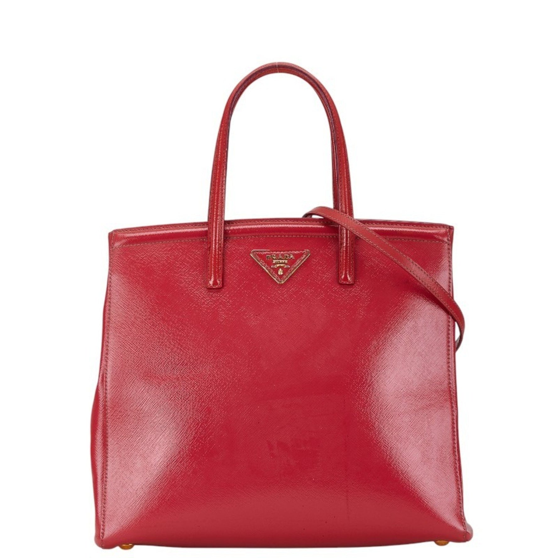Prada Triangle Plate Handbag Shoulder Bag Red Leather Saffiano