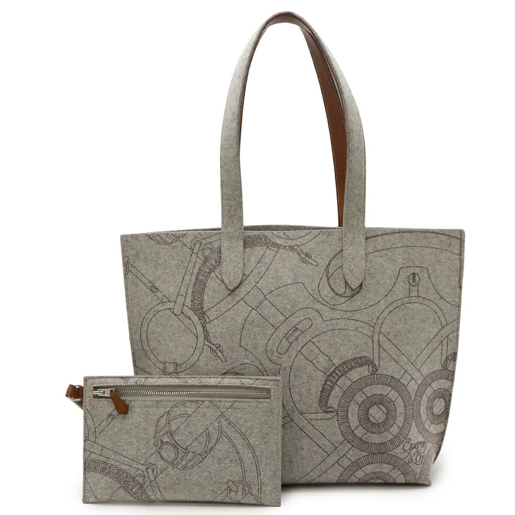 HERMES Karimi MM Tote Bag Large Handbag Felt Leather Gray Brown □L Engraved