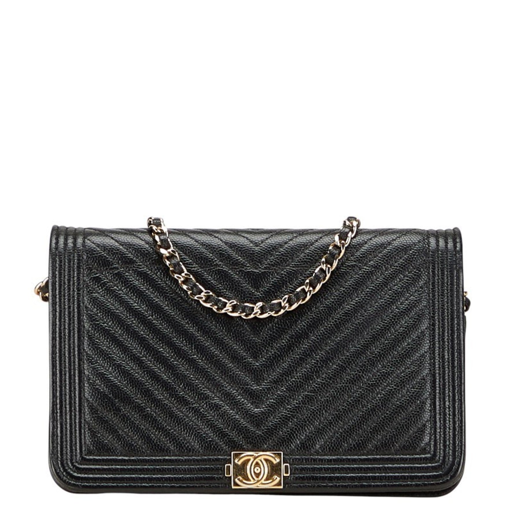 CHANEL Boy Coco Mark V-Stitch Chain Shoulder Bag/Wallet Bag in Caviar Leather
