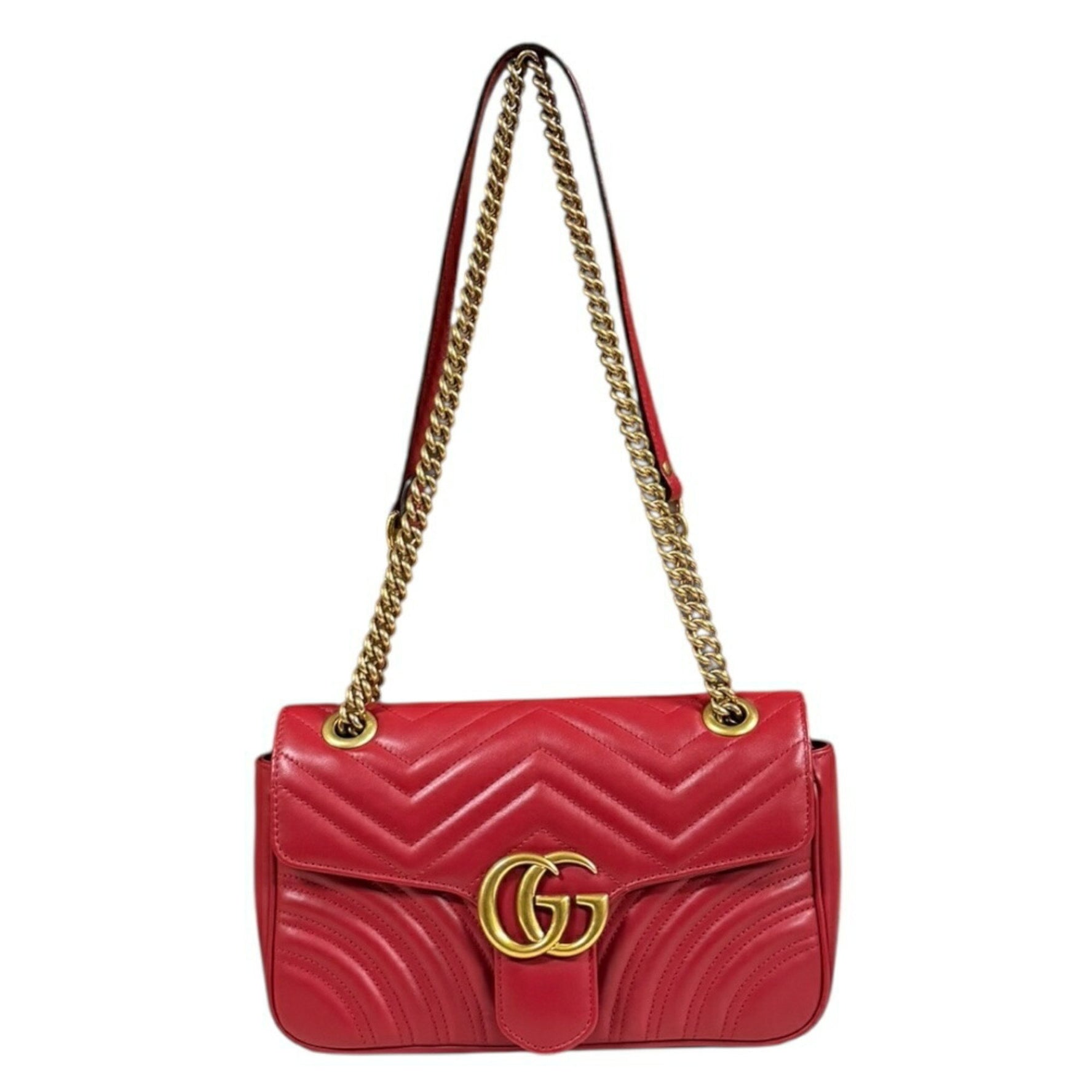 Gucci GG Marmont Shoulder Bag, Leather, Red, Double Chain
