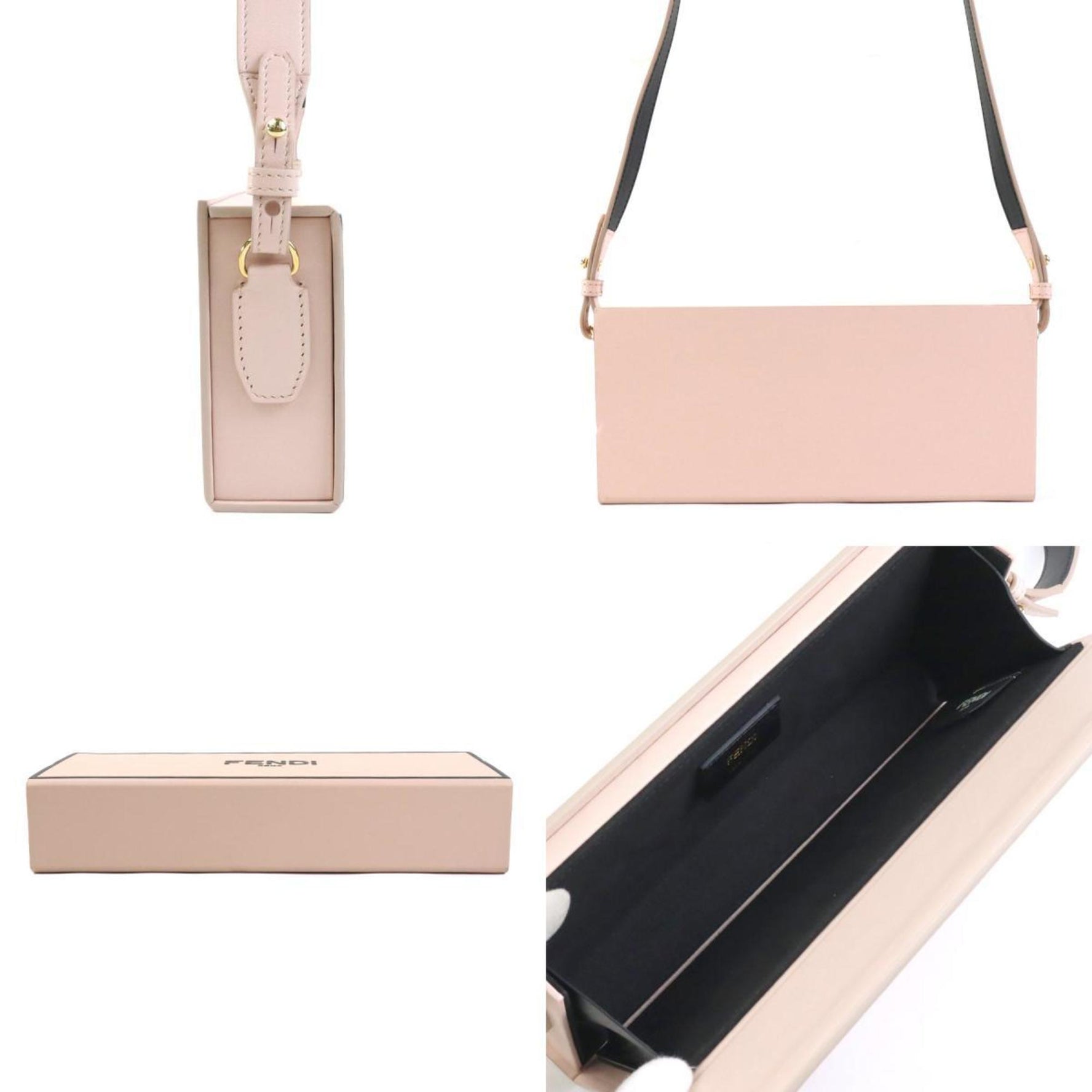 FENDI Shoulder Bag Box Horizontal Leather Pink Beige Gold