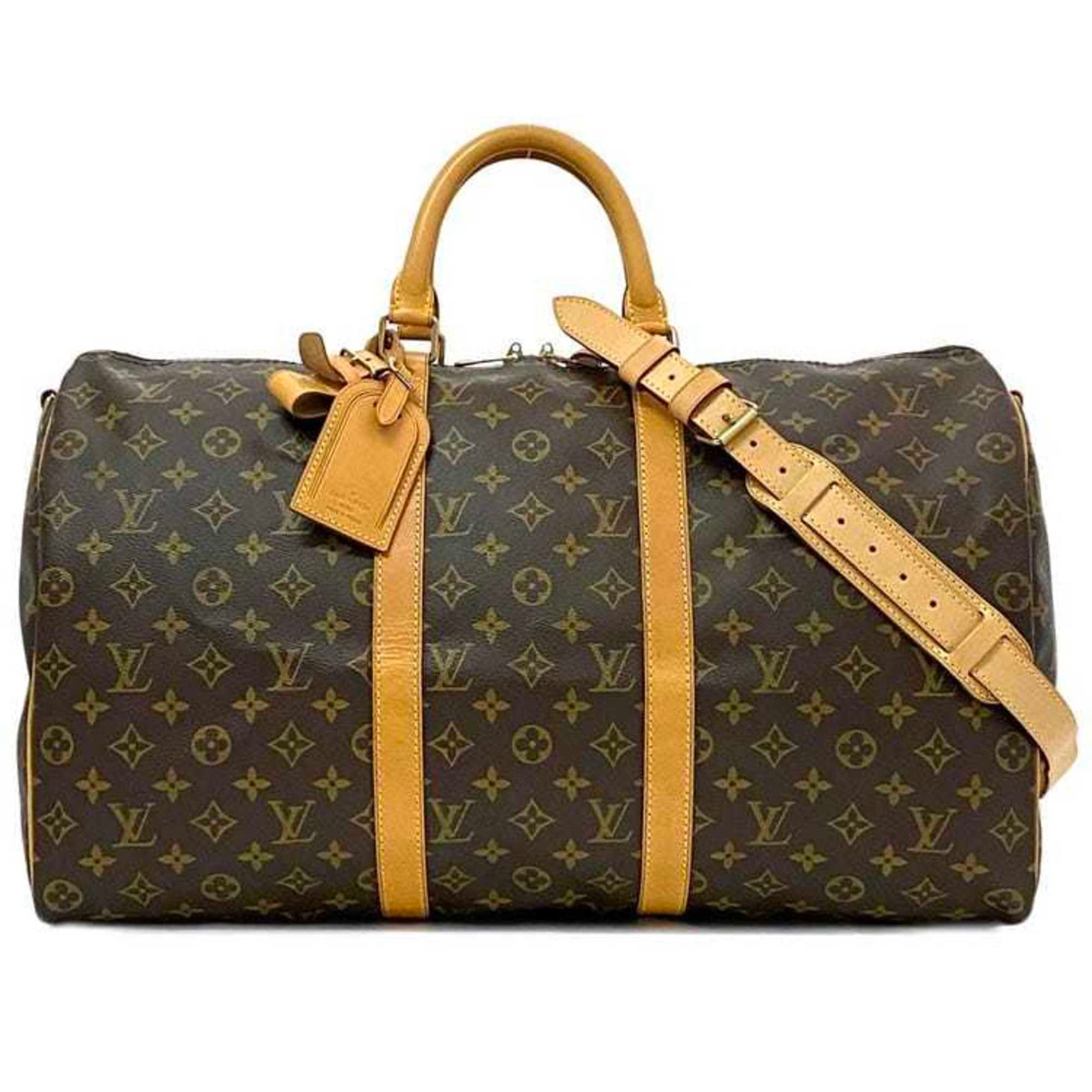 Louis Vuitton Boston Bag Keepall 50 Bandouliere Brown Beige Monogram Canvas Tanned Leather Item