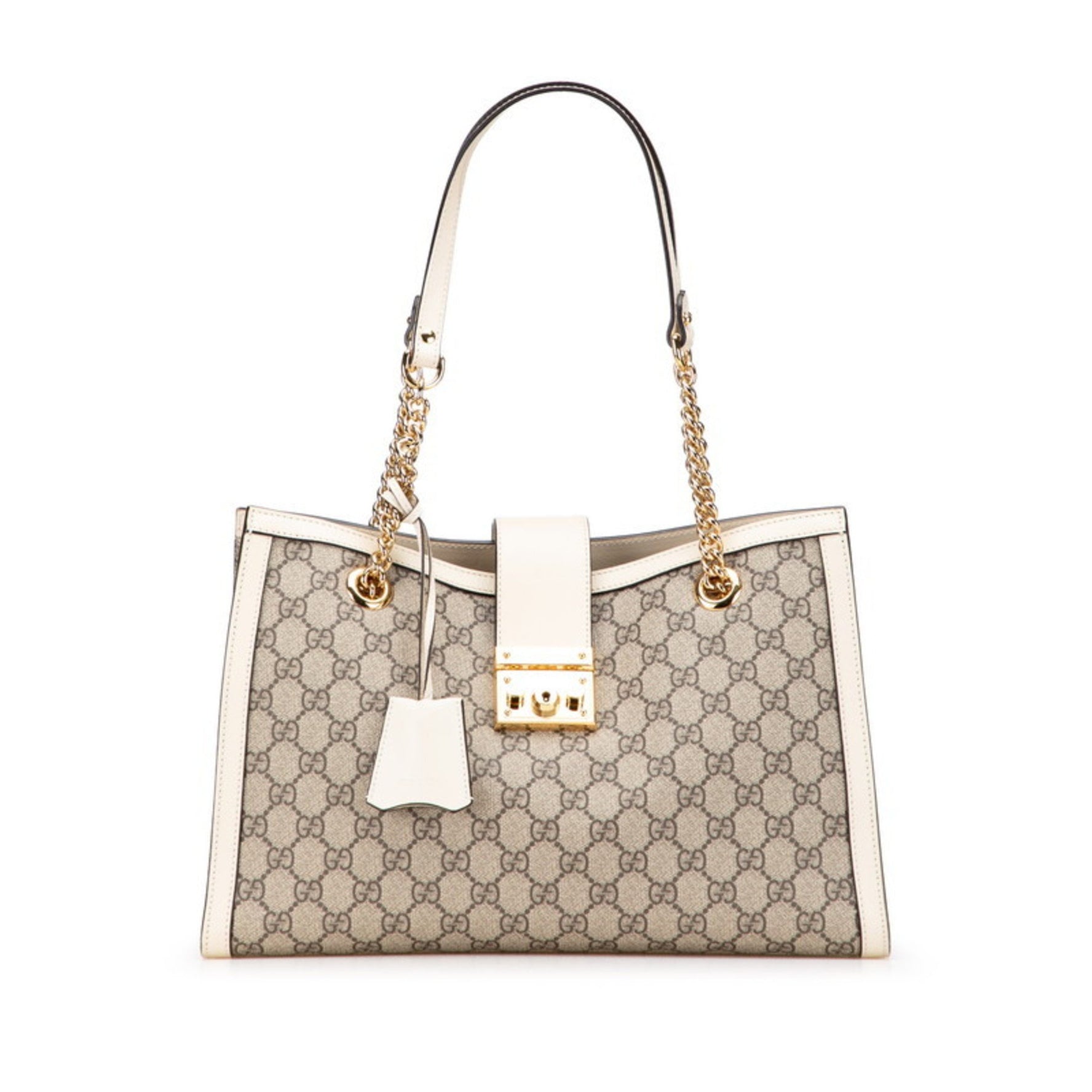 Gucci GG Supreme Padlock Medium Chain Tote/Shoulder Bag Beige/White PVC Leather