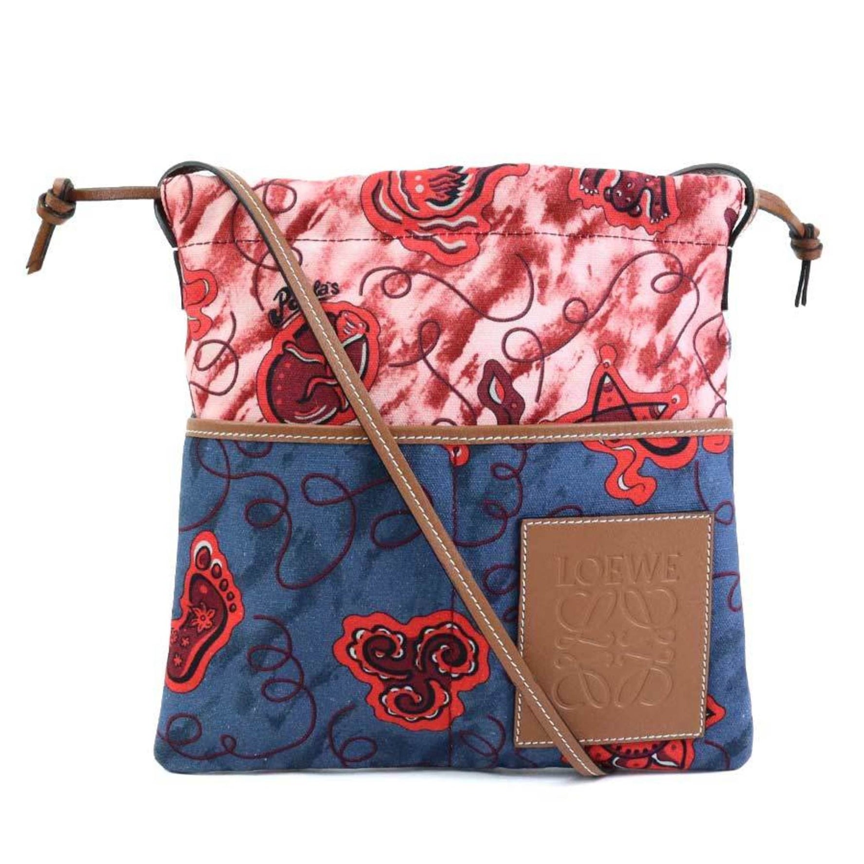 LOEWE Shoulder Bag Paula Small Drawstring Pouch Canvas Leather Navy Red Brown Men's