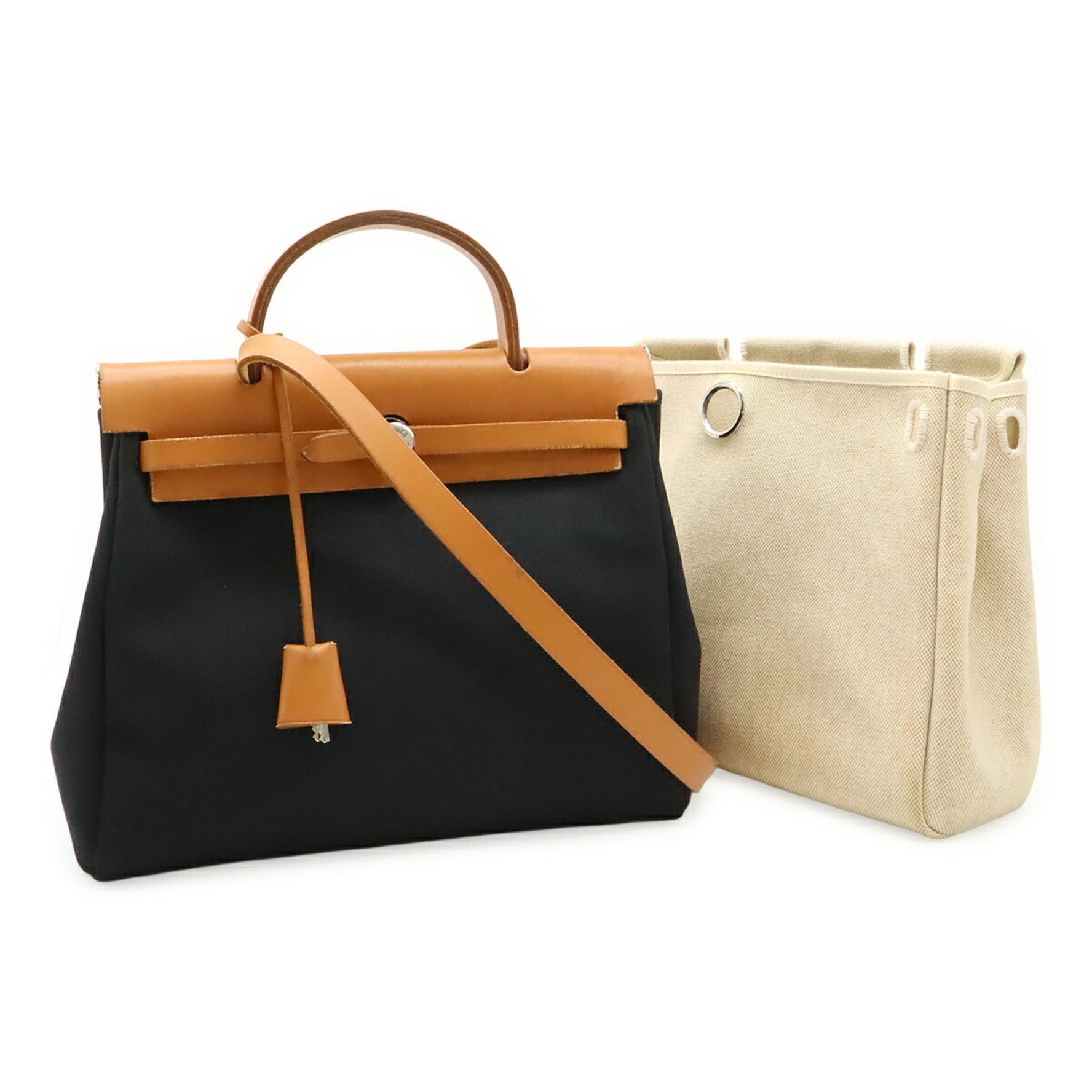 HERMES Hermès Air Bag PM Handbag/Shoulder Bag, Toile Officier Canvas, Black/Light Brown Leather, E Stamp