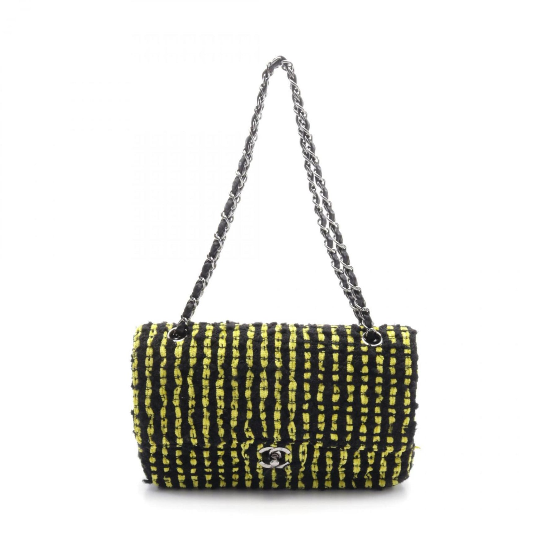 CHANEL Matelasse W-flap Shoulder Bag Fabric Leather Yellow Black