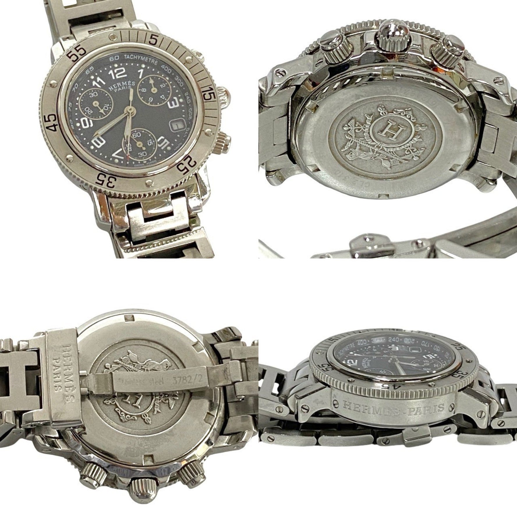 HERMES Clipper Date Quartz Stainless Steel Wristwatch Silver