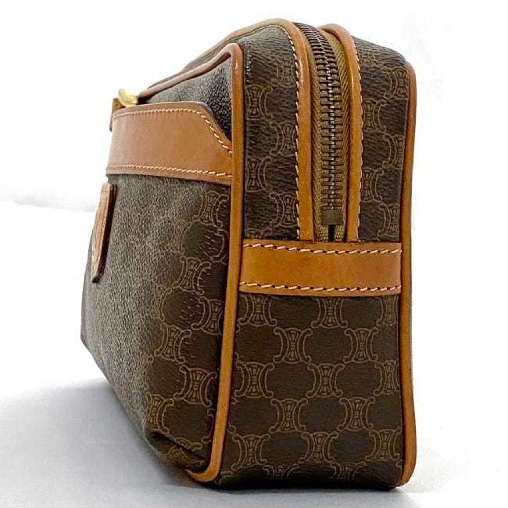 Celine Second Bag Brown Beige Macadam Clutch PVC Leather Strap Ladies