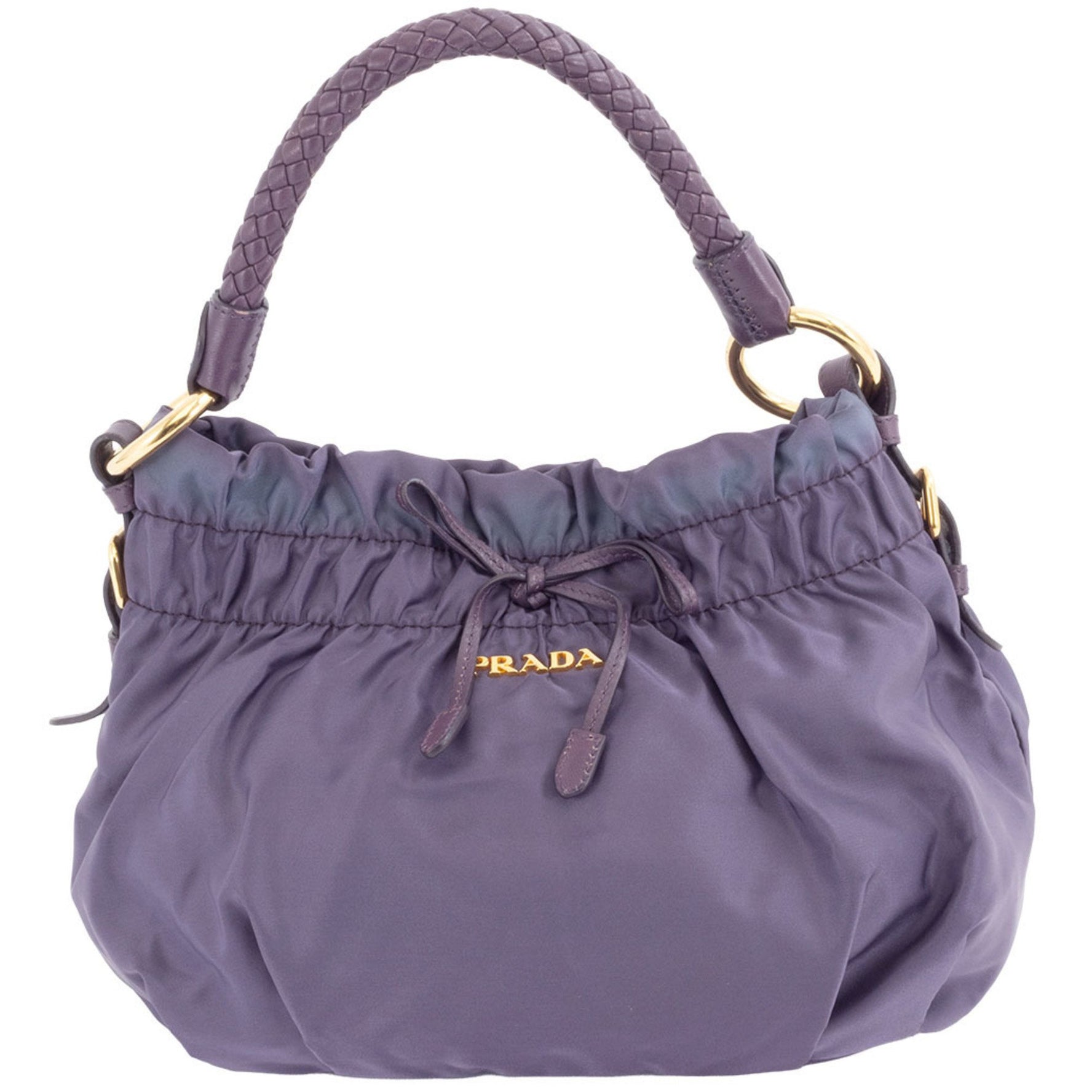 Prada Gathered Ribbon Handbag Nylon Sheepskin Leather