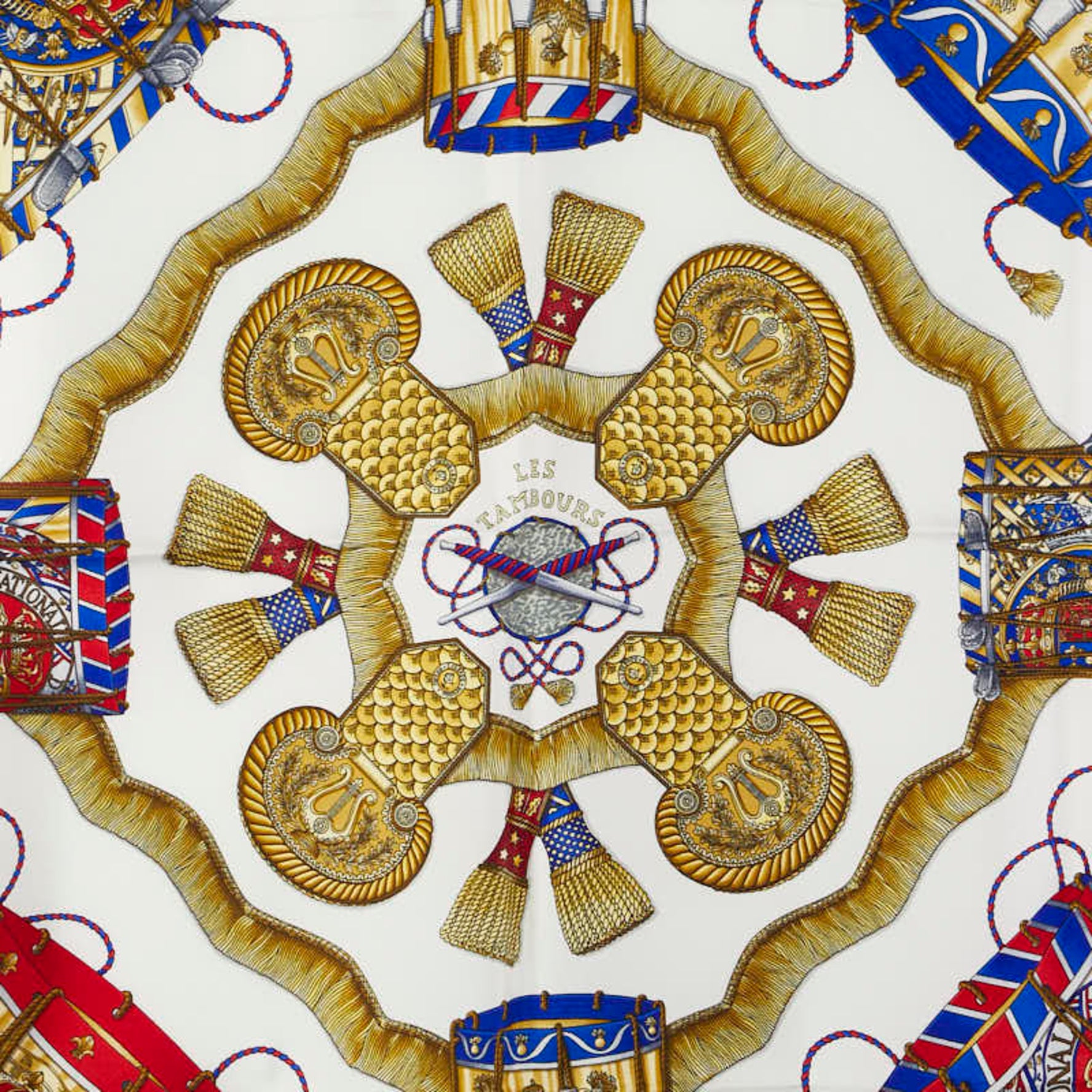 Hermès Carré 90 "Les Tambours" Scarf, Blue, White, Multicolor, Silk, HERMES