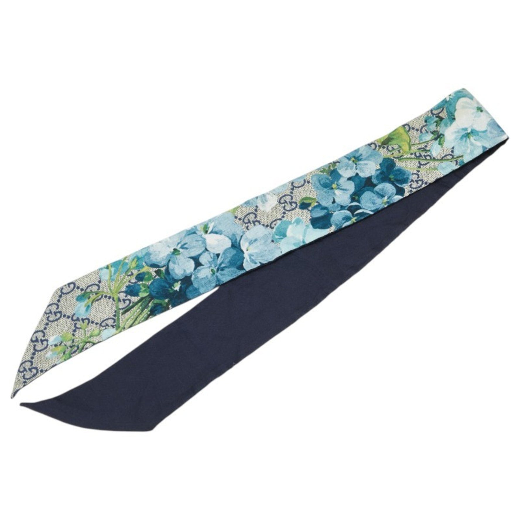 Gucci GG Blooms Neck Bow Scarf, Navy Blue and Multicolor Silk