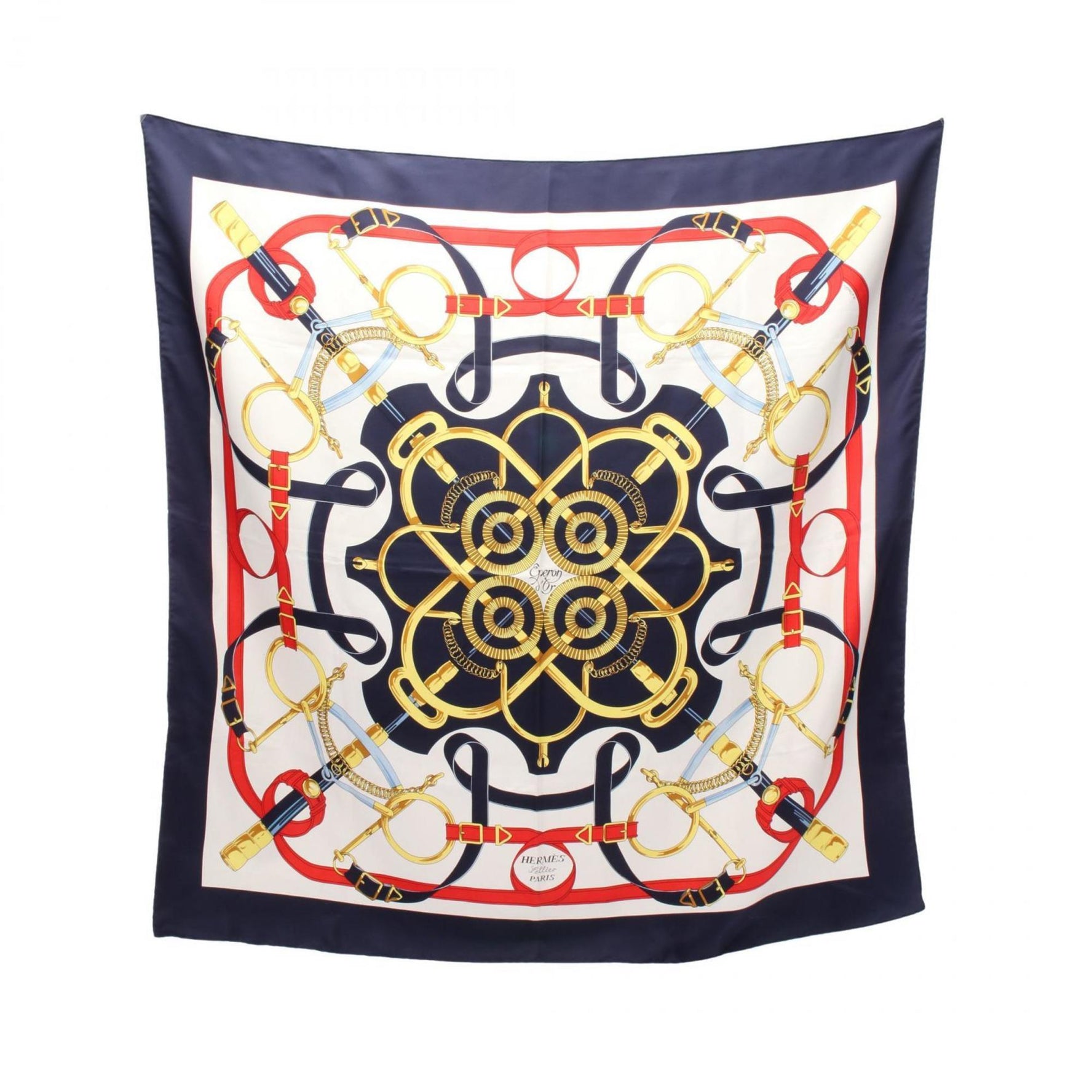 Hermes Hermès Carré 90 Eperon d'Or Silk Scarf Navy, White, and Multicolor