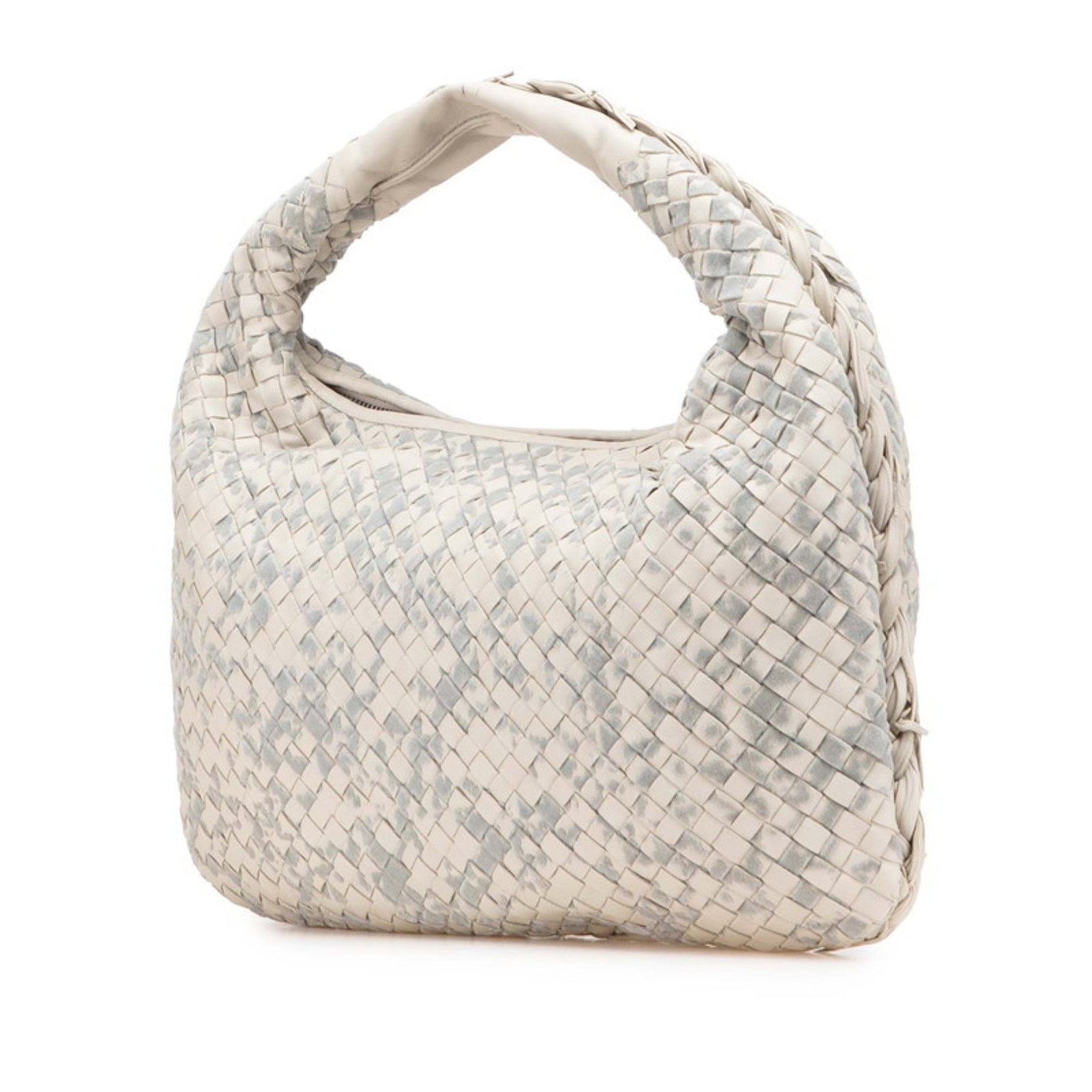 Bottega Veneta Intrecciato Hobo Handbag, One-Shoulder Bag, Light Gray Leather