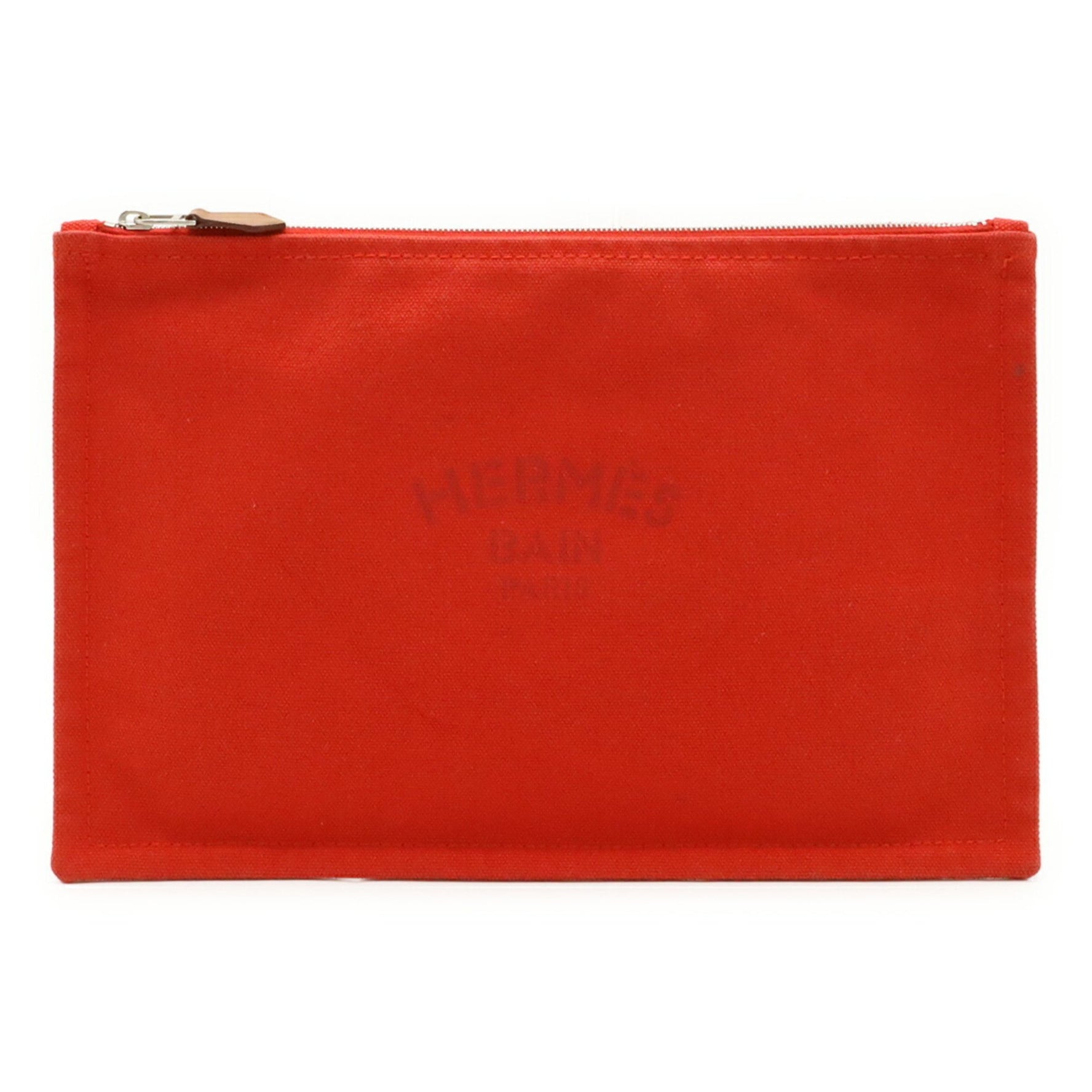HERMES Yachting GM Flat Pouch Clutch Bag Canvas Leather Red
