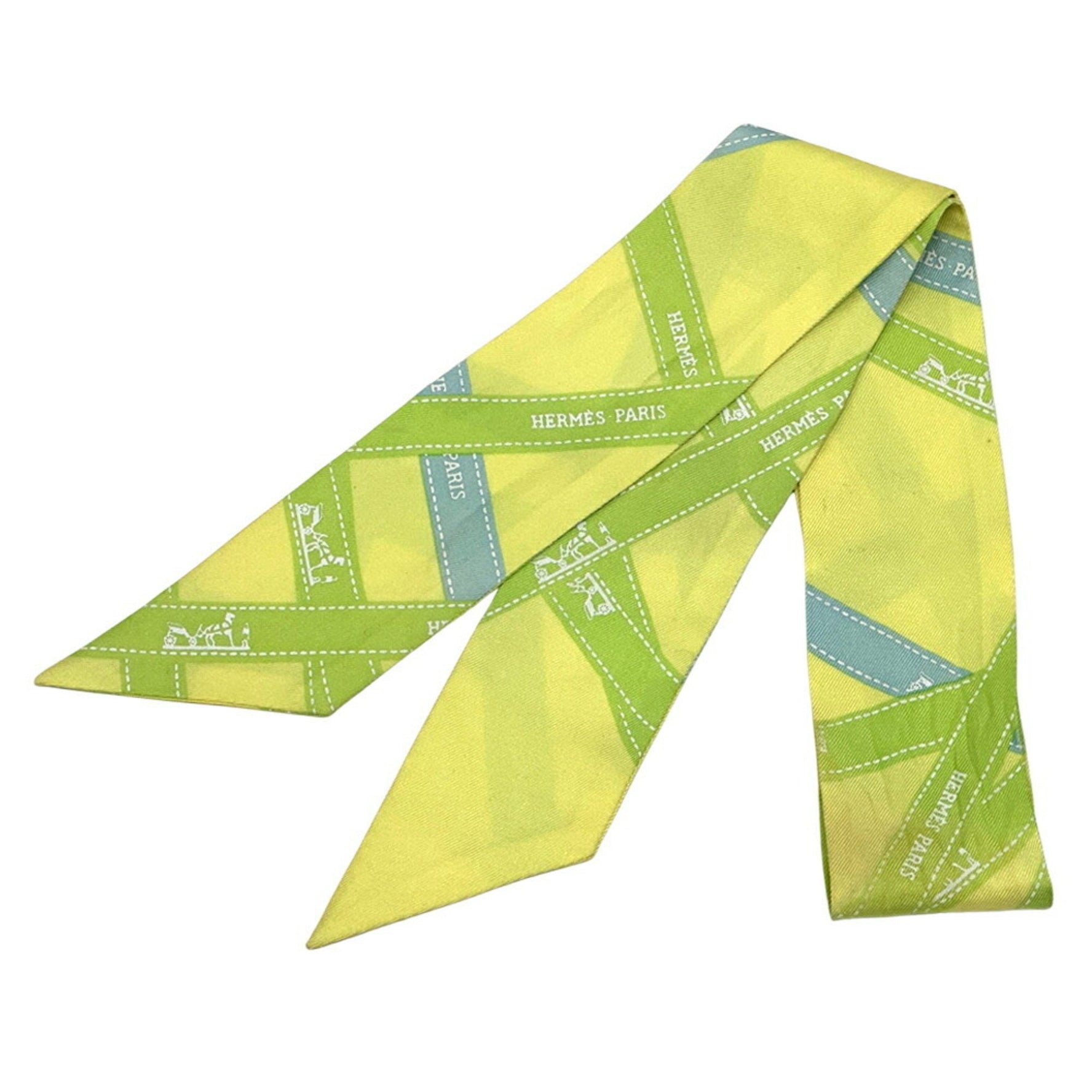 Hermes Scarf Muffler Twilly Voluduc Men's Silk Yellow Light Green Blue Ribbon Pattern