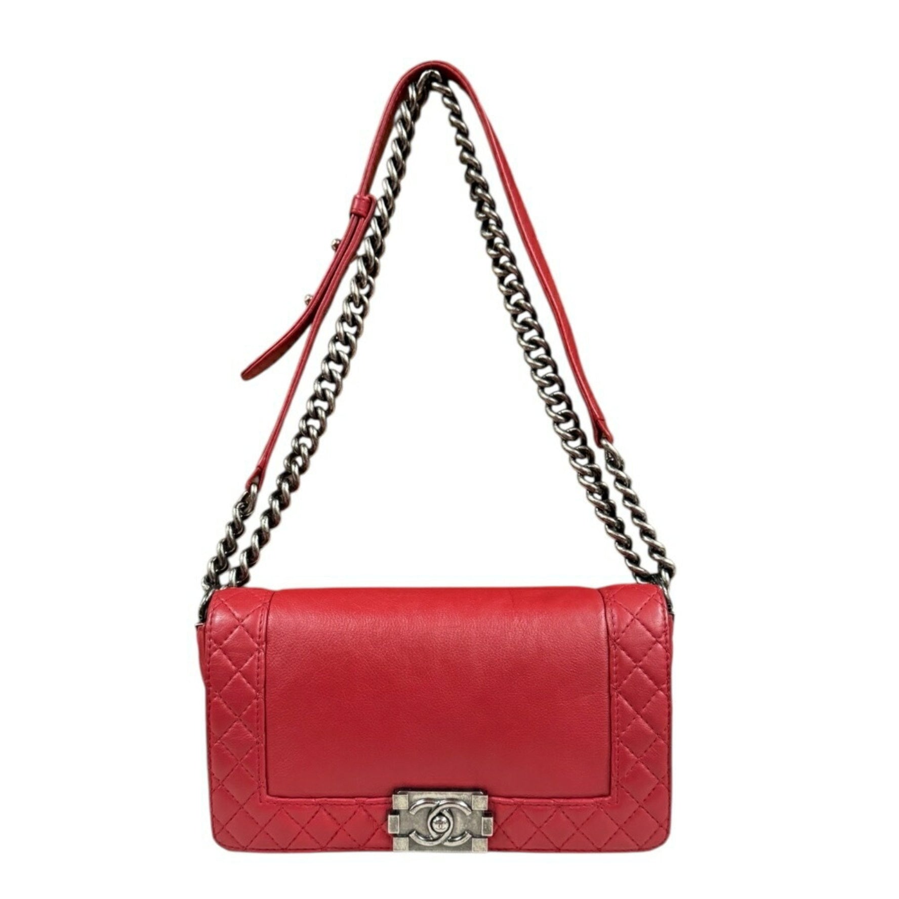 CHANEL BOY Shoulder Bag Leather Red W Chain
