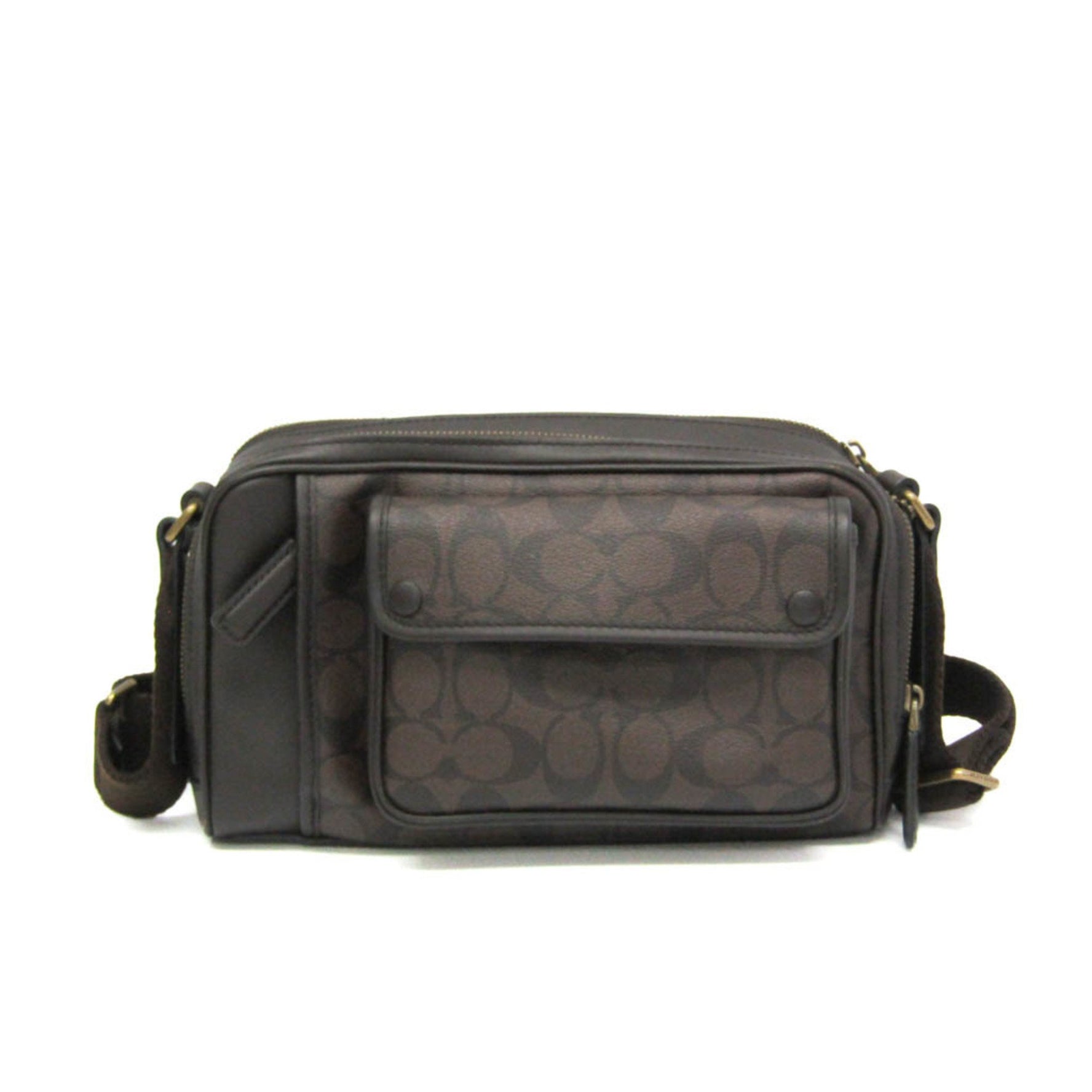 Coach Signature Women,Men Leather,Coated Canvas Shoulder Bag Dark Brown