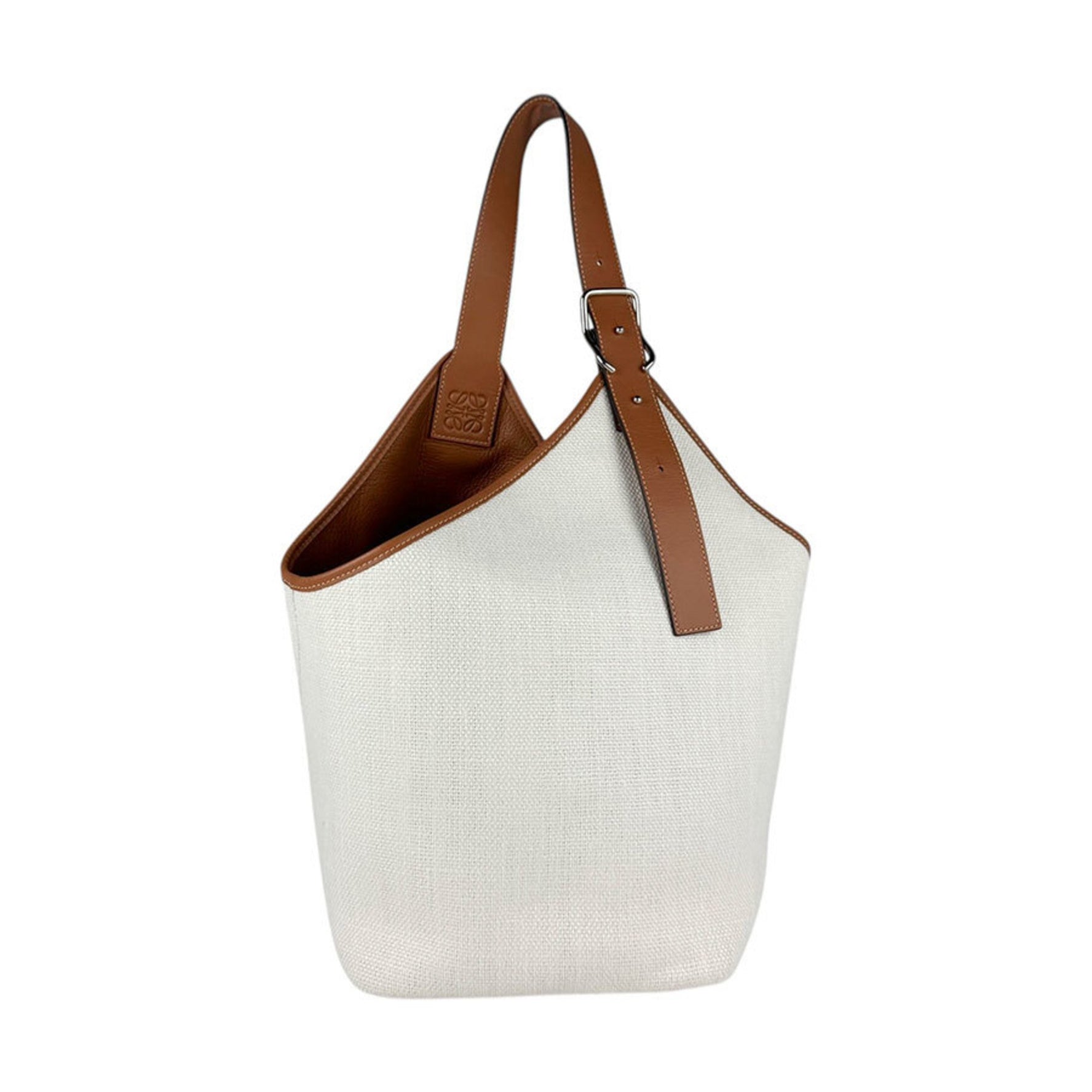 LOEWE Shoulder Bag Balloon Canvas Leather Off-White Brown Silver