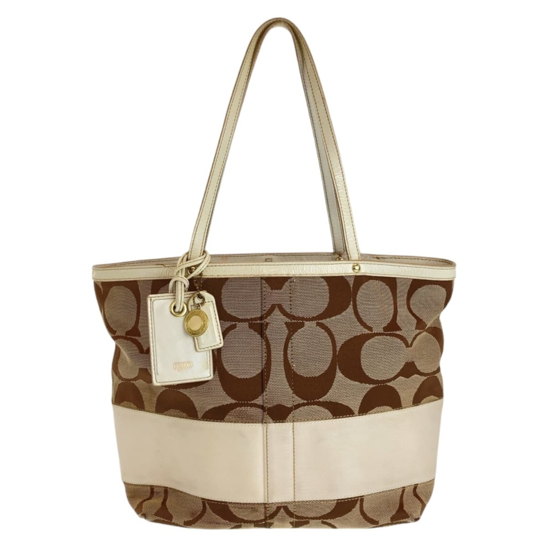 COACH Signature Brown Beige White Gold Hardware Canvas Leather Tote Bag Shoulder