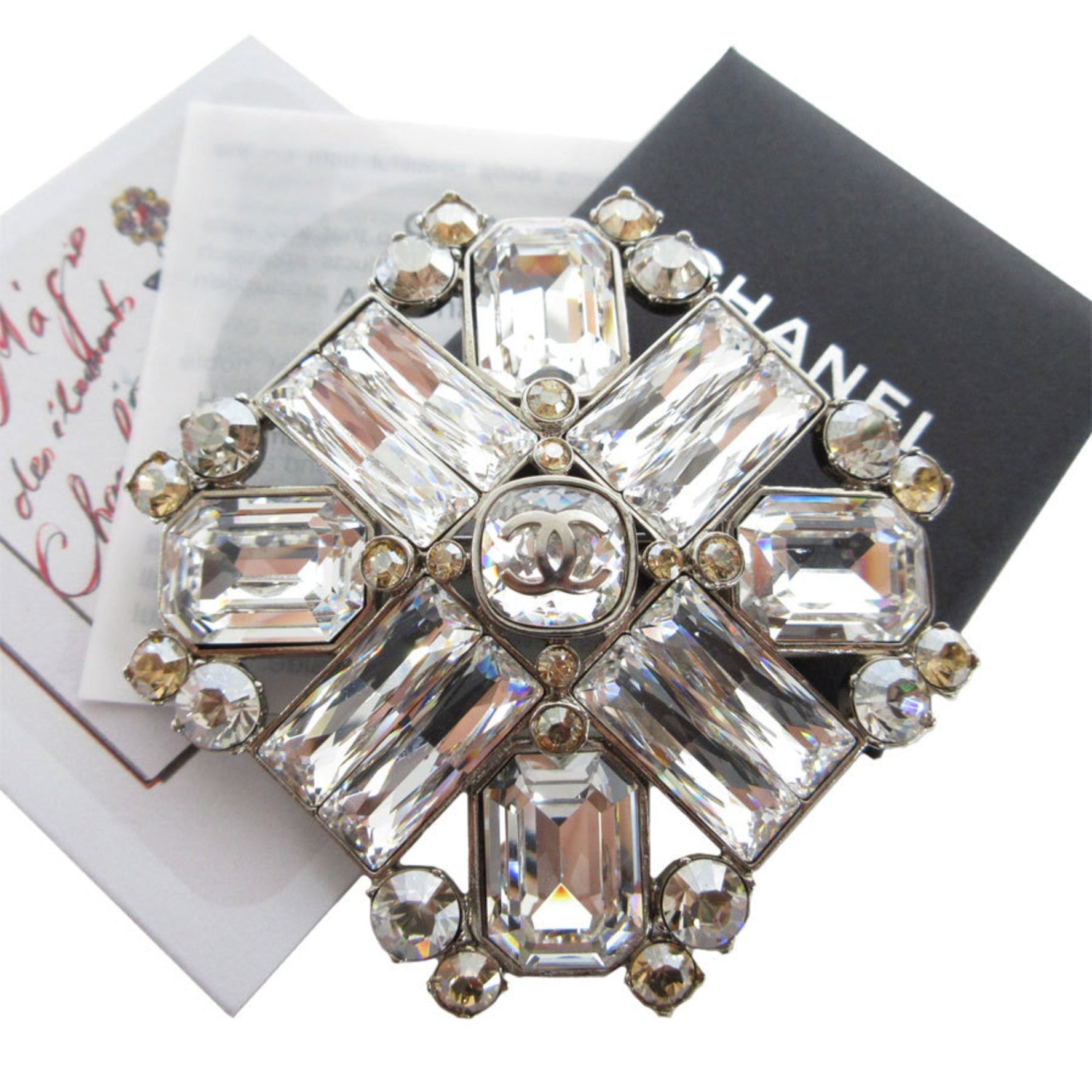 CHANEL Brooch Coco Mark Metal Rhinestone Silver Light Orange