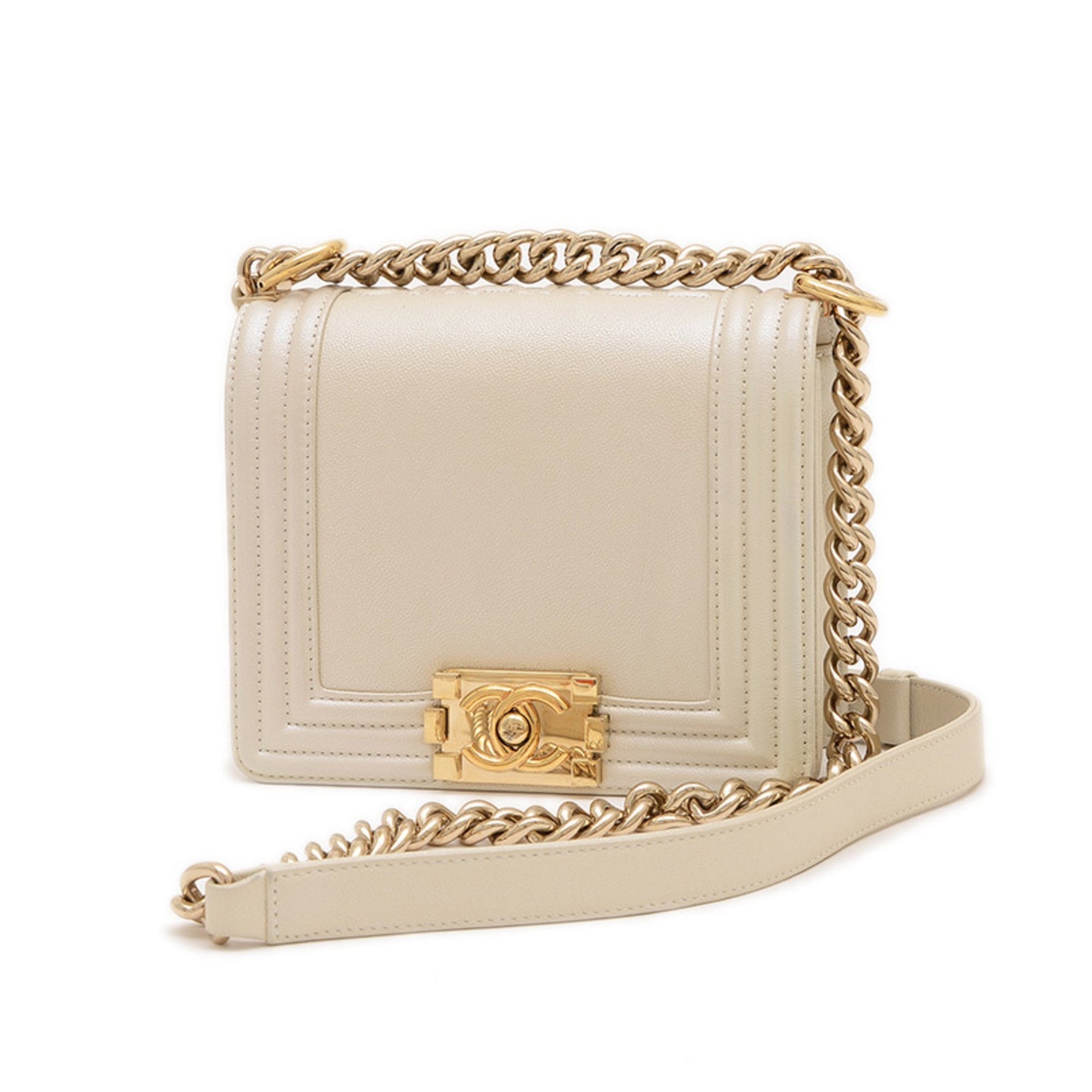 Chanel Boy Chain Shoulder Bag Calf Pearl White Gold Hardware BP