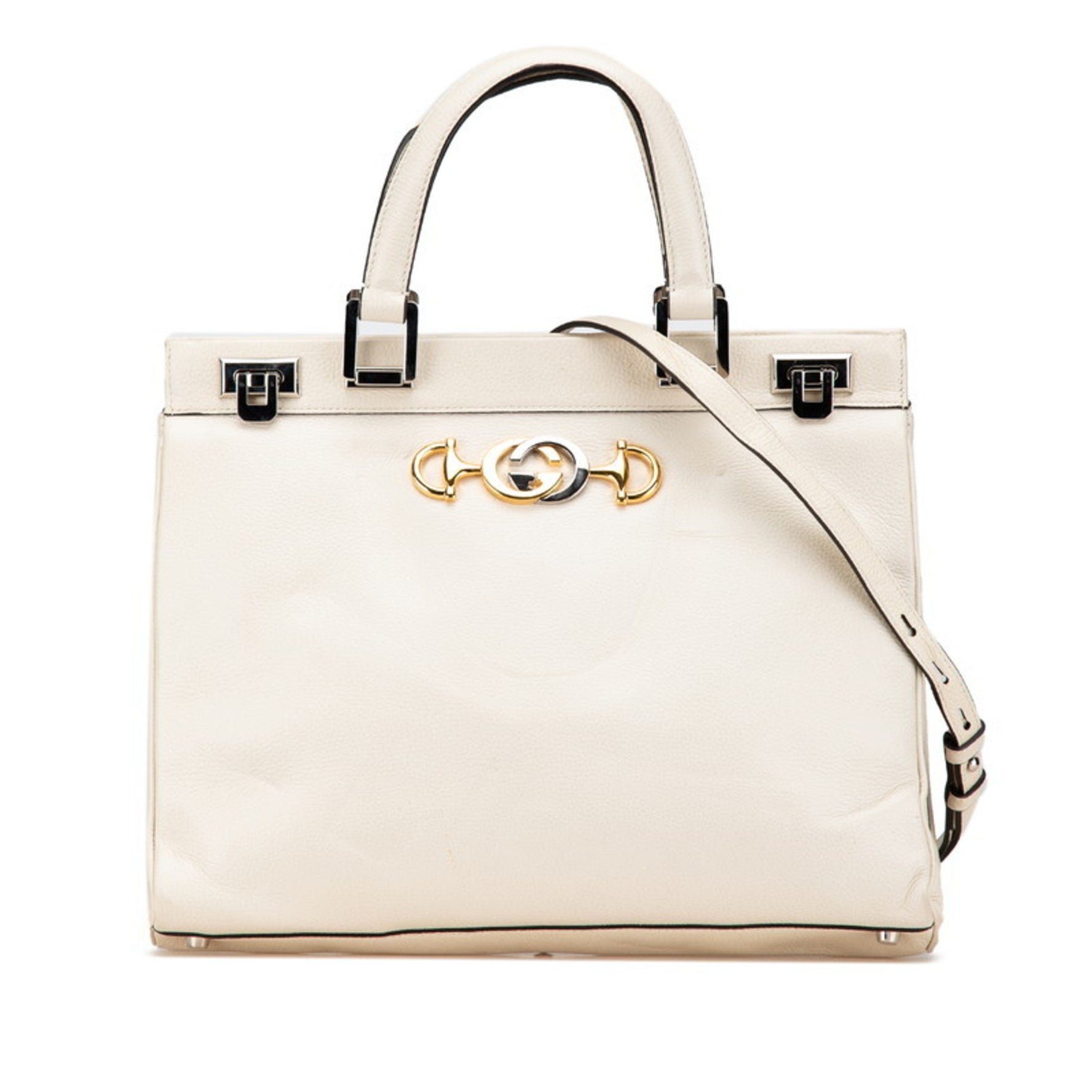 Gucci Zumi Horsebit Handbag Shoulder Bag White Gold Silver Leather