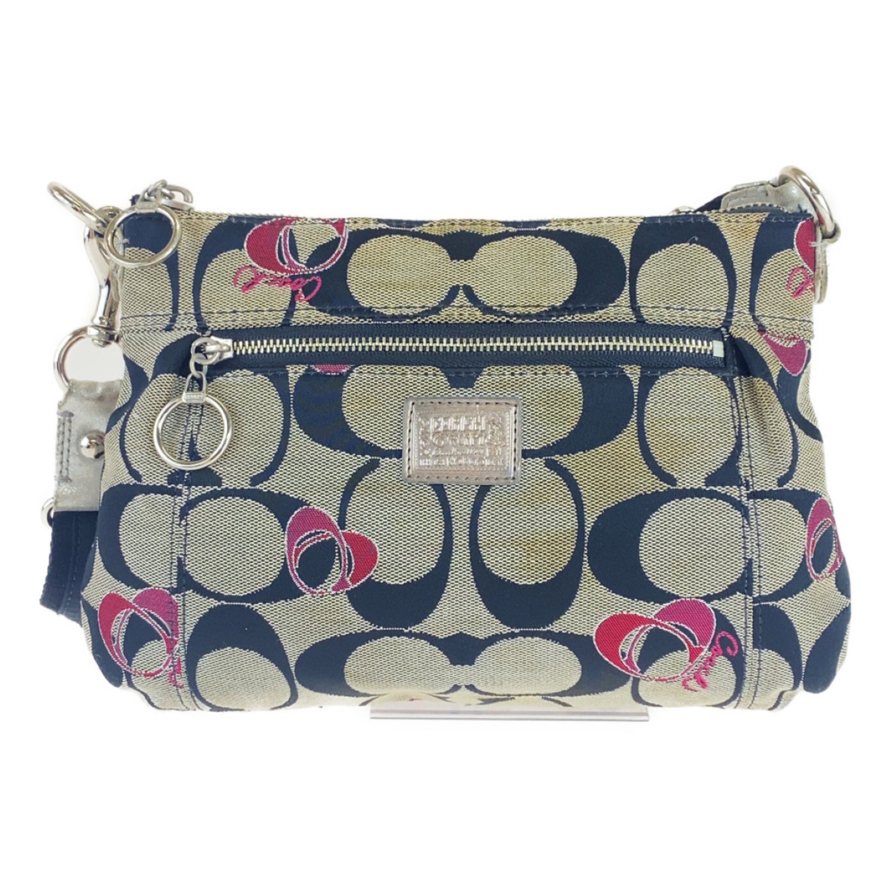 COACH Signature Black Pink Silver Hardware Canvas Shoulder Bag Pochette Crossbody