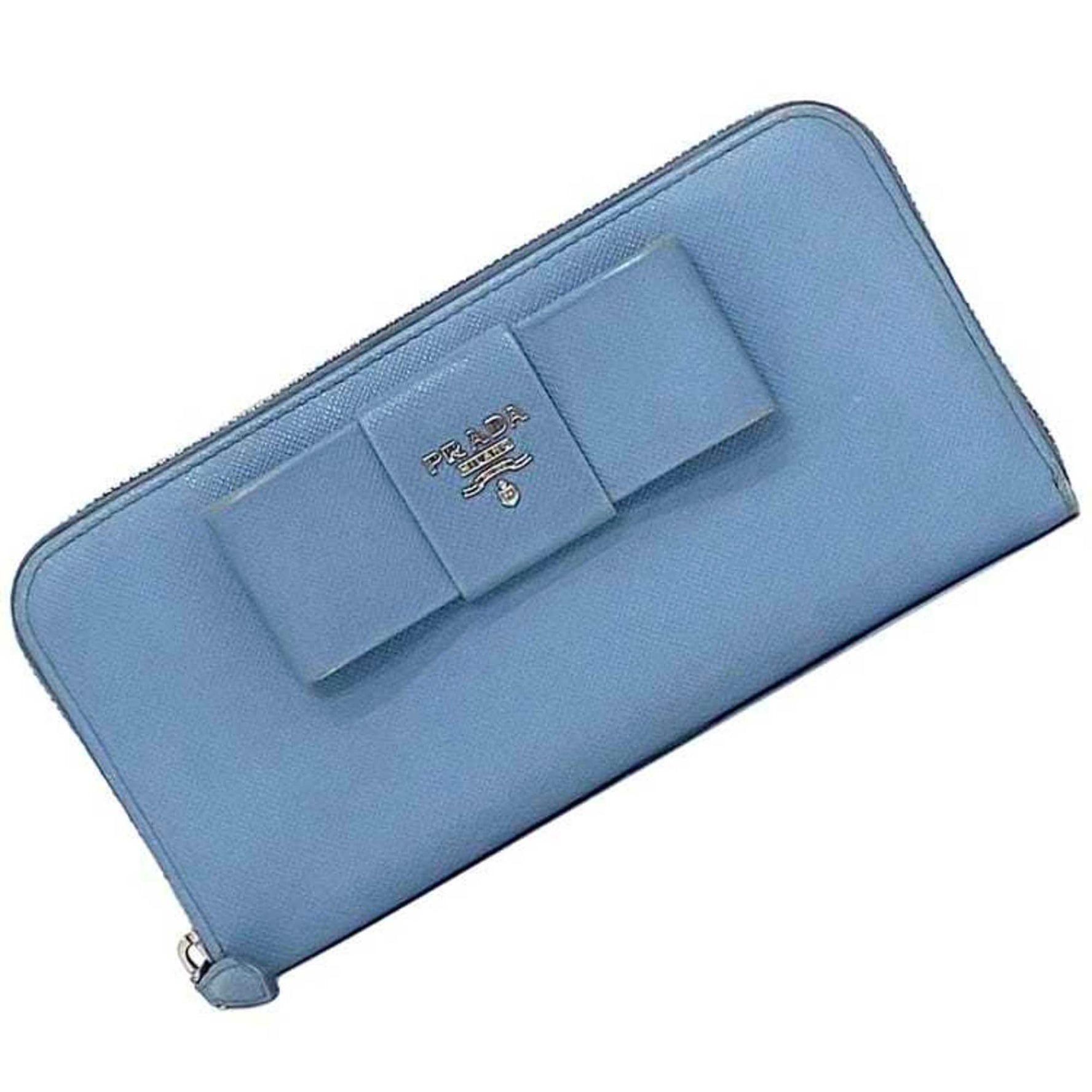 Prada Round Long Wallet Light Blue Ribbon Saffiano Leather Grain