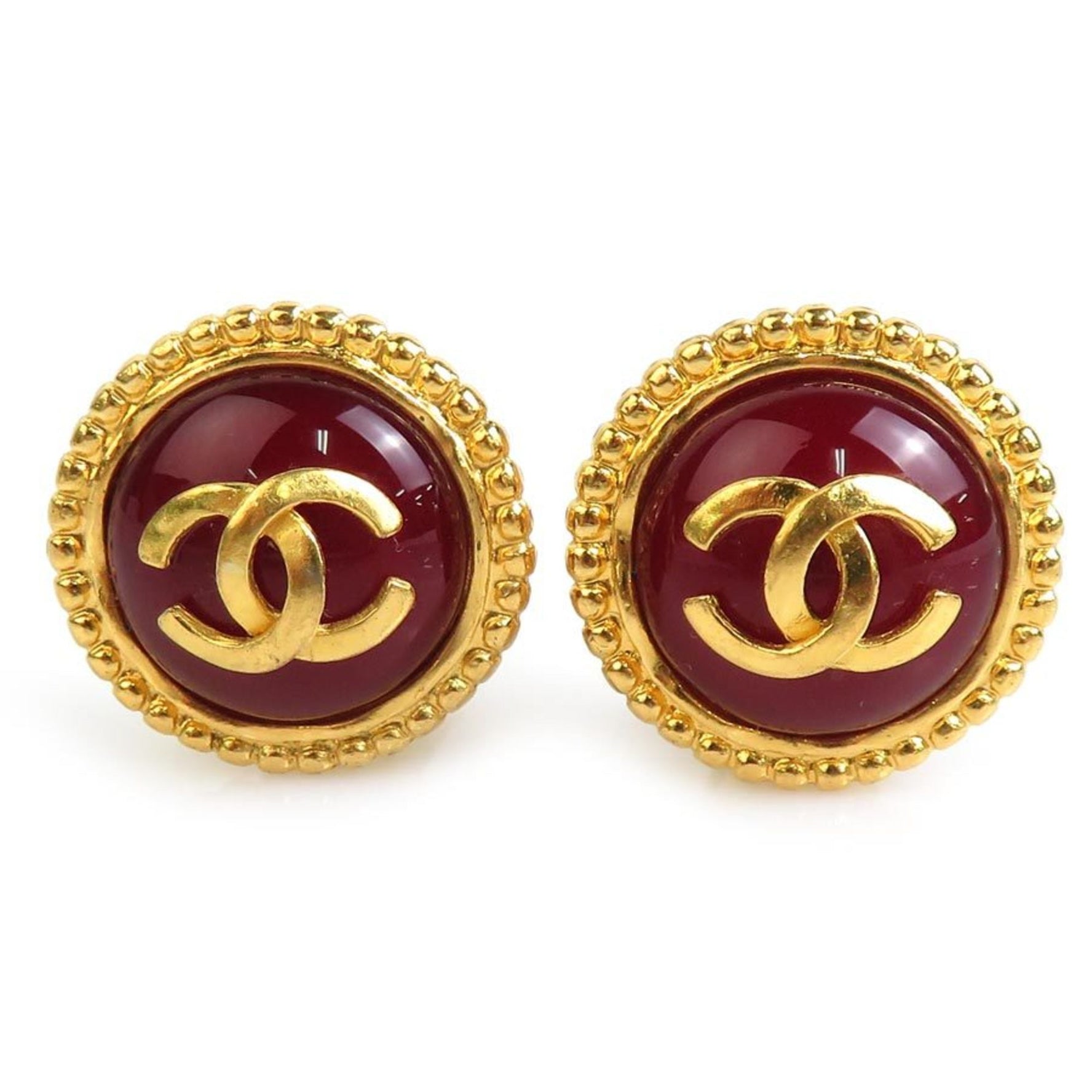 CHANEL Earrings Coco Mark Metal Stone Gold Dark Red