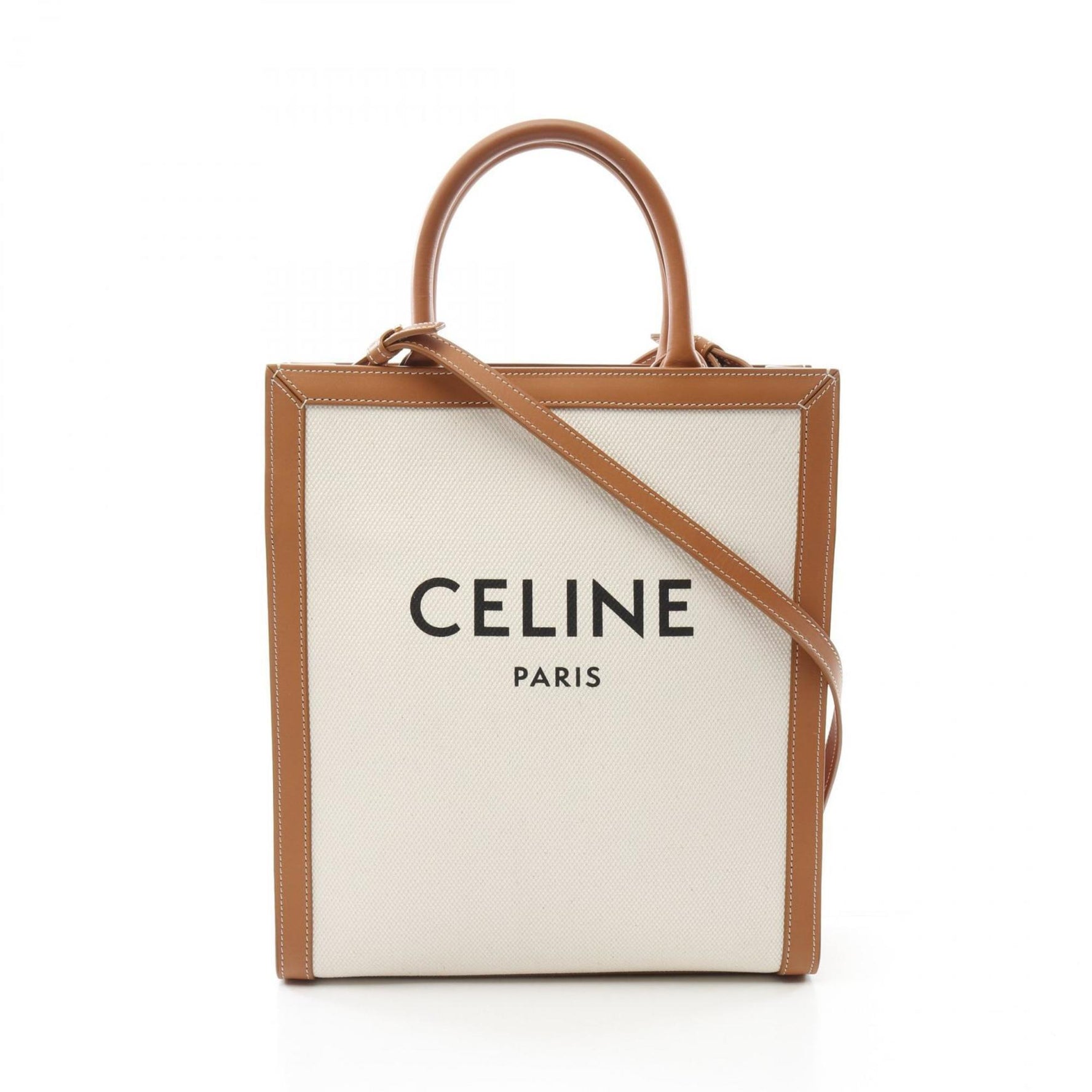 Celine Small Vertical Cabas Tote Bag, Canvas and Leather, White Brown