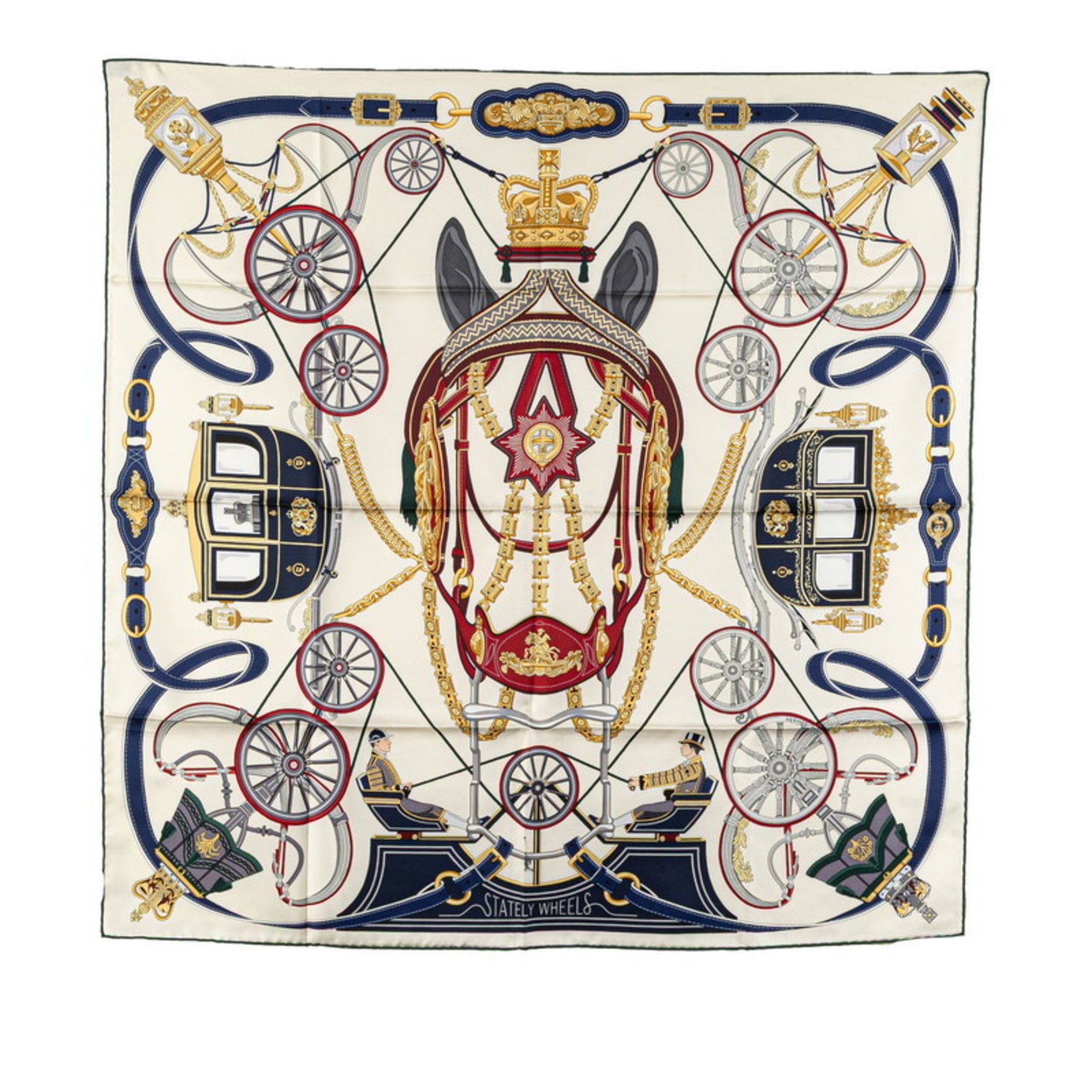 Hermes Carre 90 STATELY WHEELS Scarf Muffler White Navy Multicolor Silk