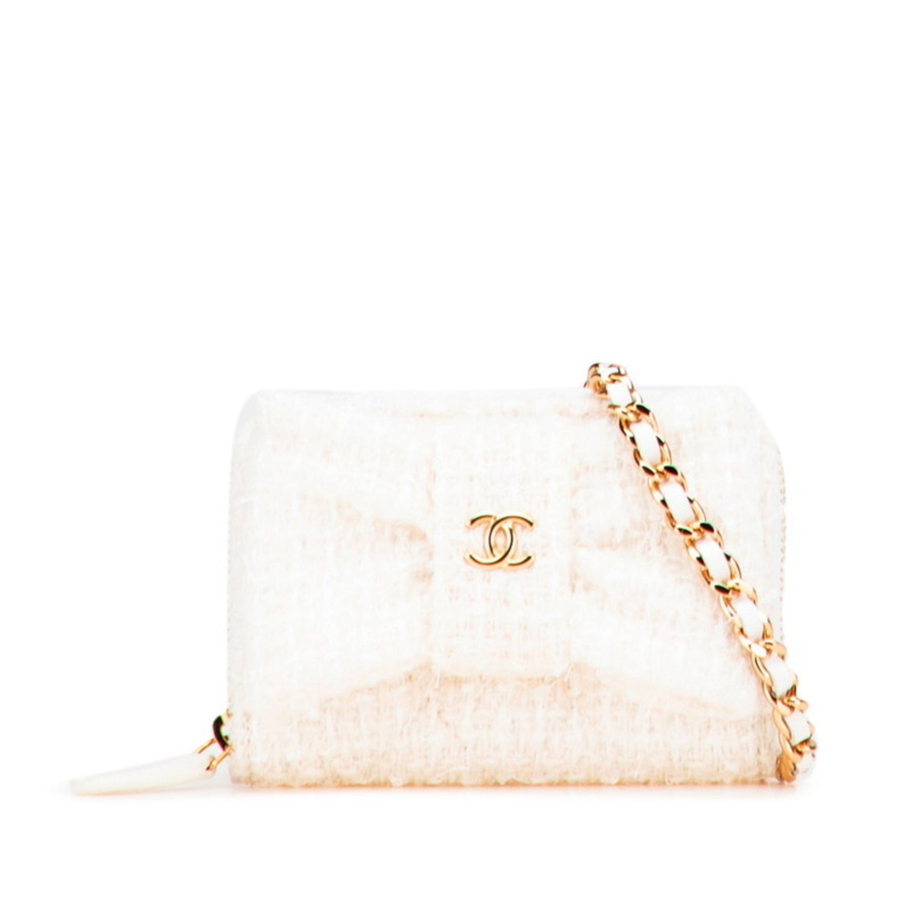 Chanel Coco Mark Ribbon Mini Chain Wallet, Wallet/Coin Case, Gold, Tweed, Leather