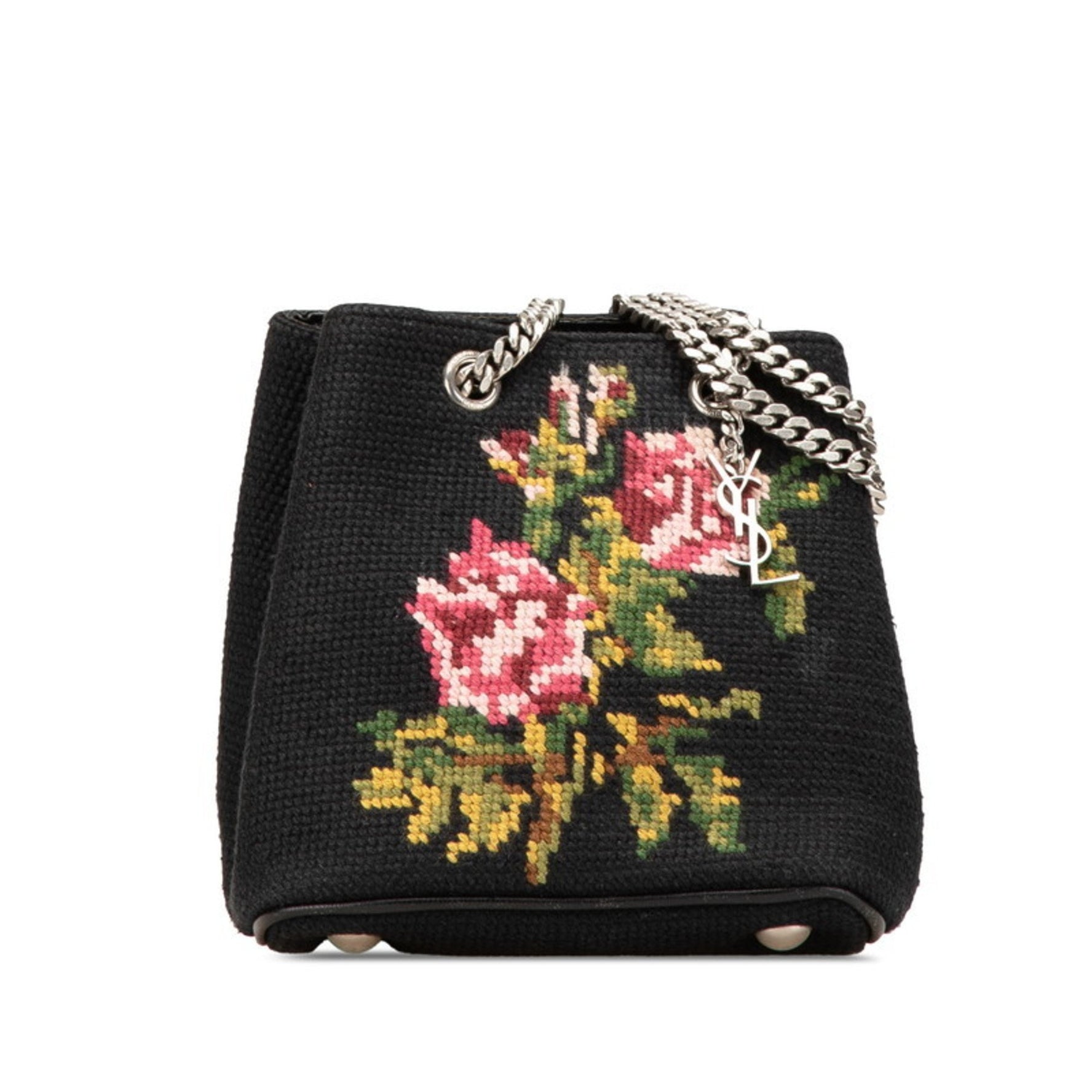Saint Laurent Flower Motif Chain Shoulder Bag Black Multicolor Canvas