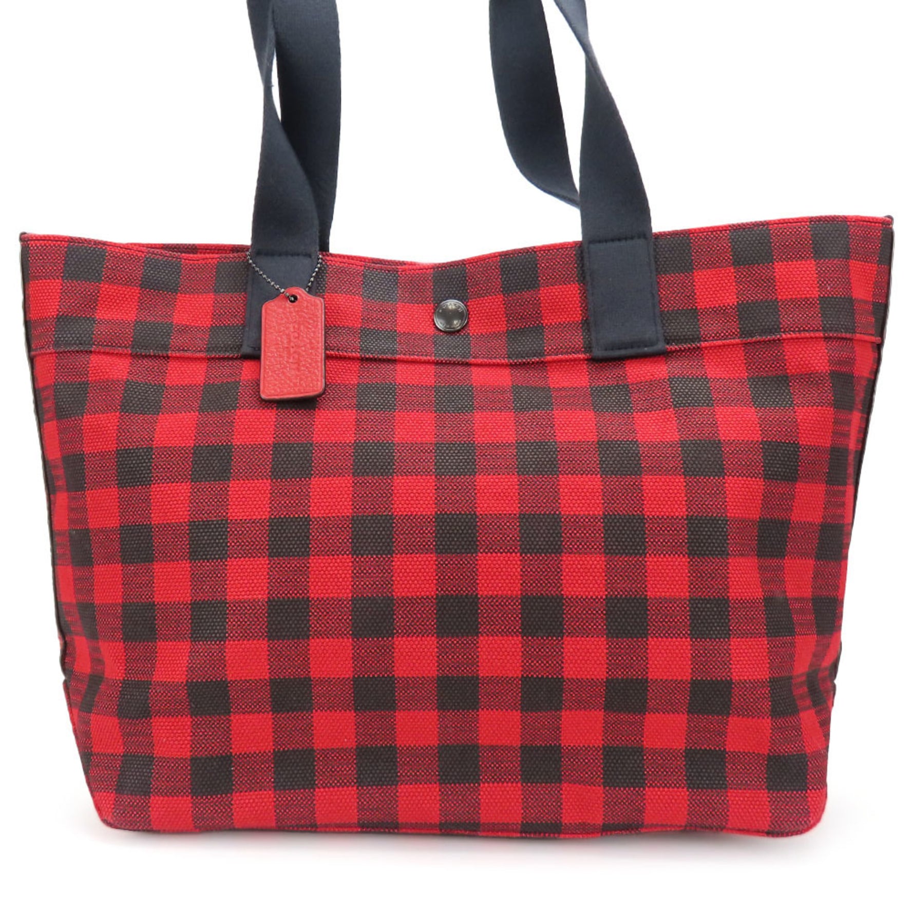 Coach Tote Bag Canvas Leather Red Black Gingham Check Pattern