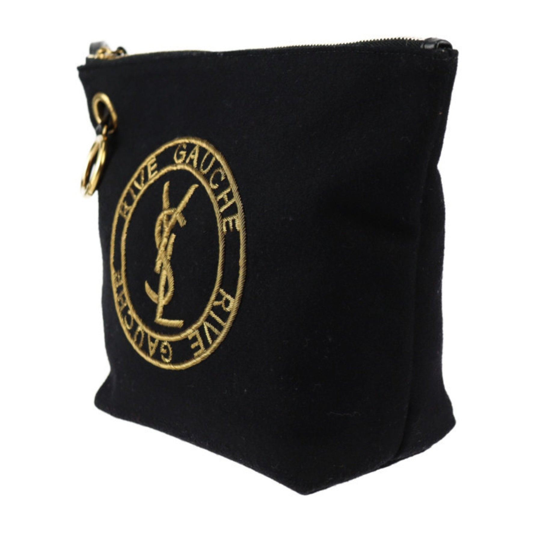 Saint Laurent Yves PARIS Paris Embroidered Pouch Rive Gauche Second Bag Wool Calfskin Leather Brass Black Gold YSL Clutch Wristlet