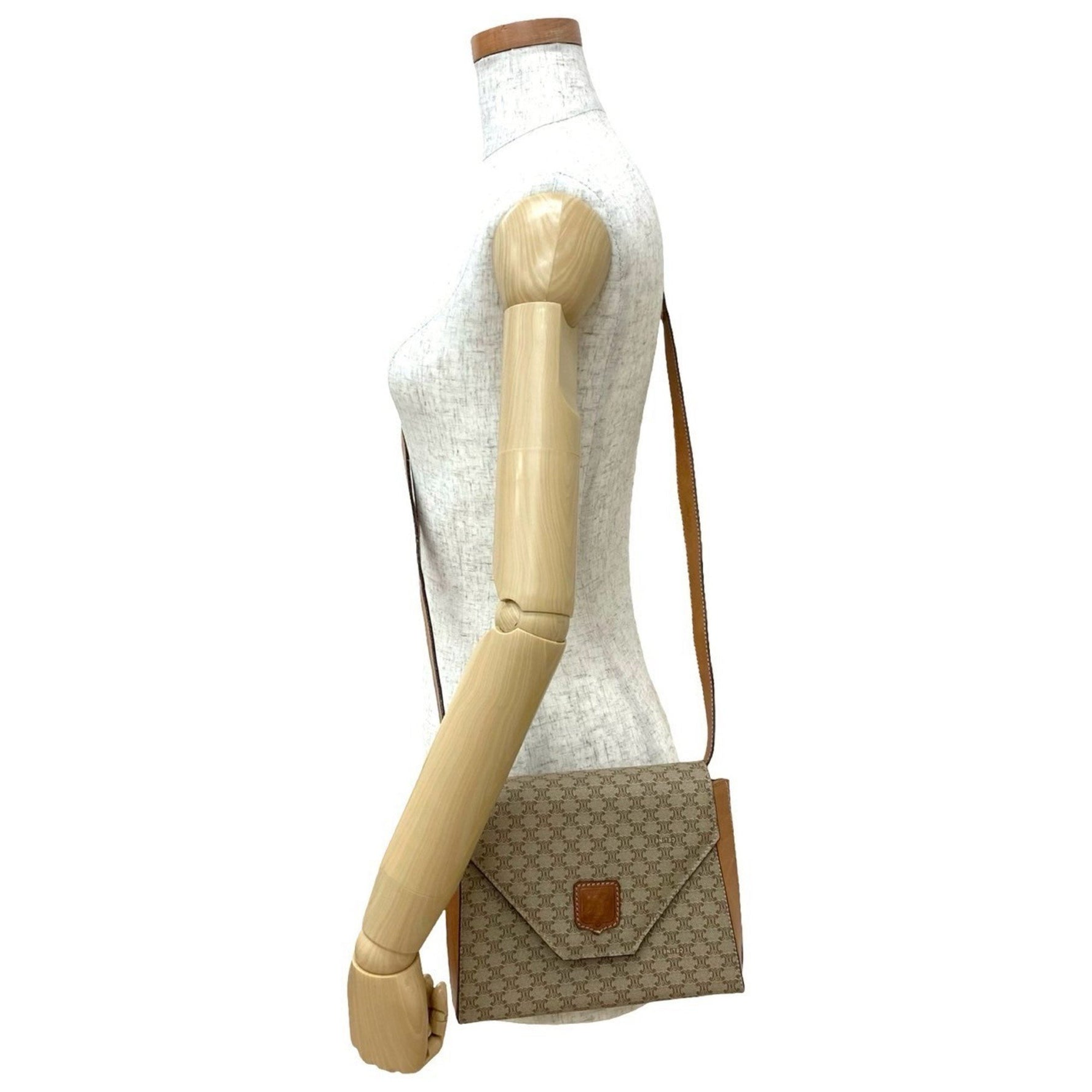CELINE Macadam Blason Pattern Triomphe Logo Leather Shoulder Bag in Beige and Brown