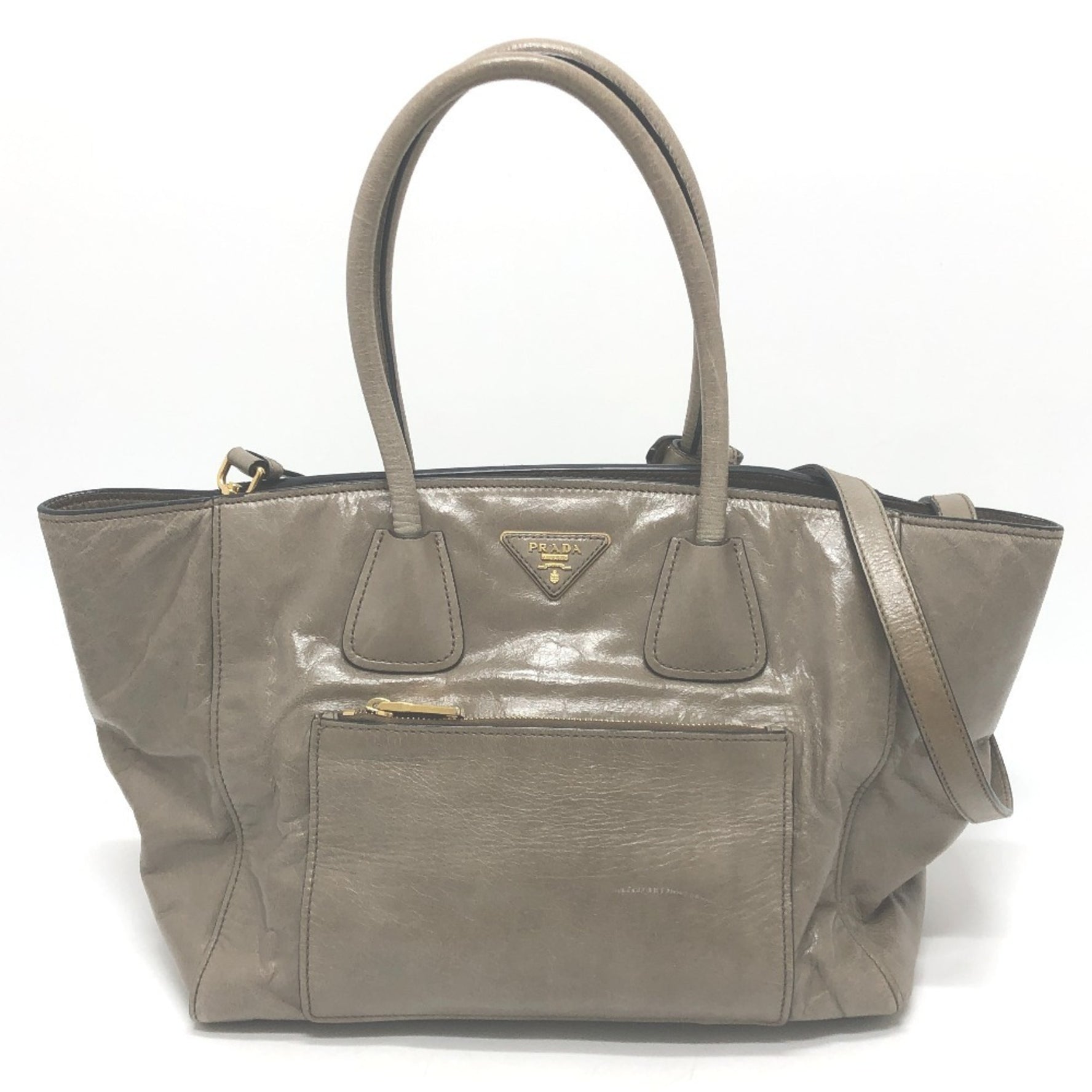 PRADA Logo Bag Handbag Shoulder Crossbody Triangle Plate Tote Leather