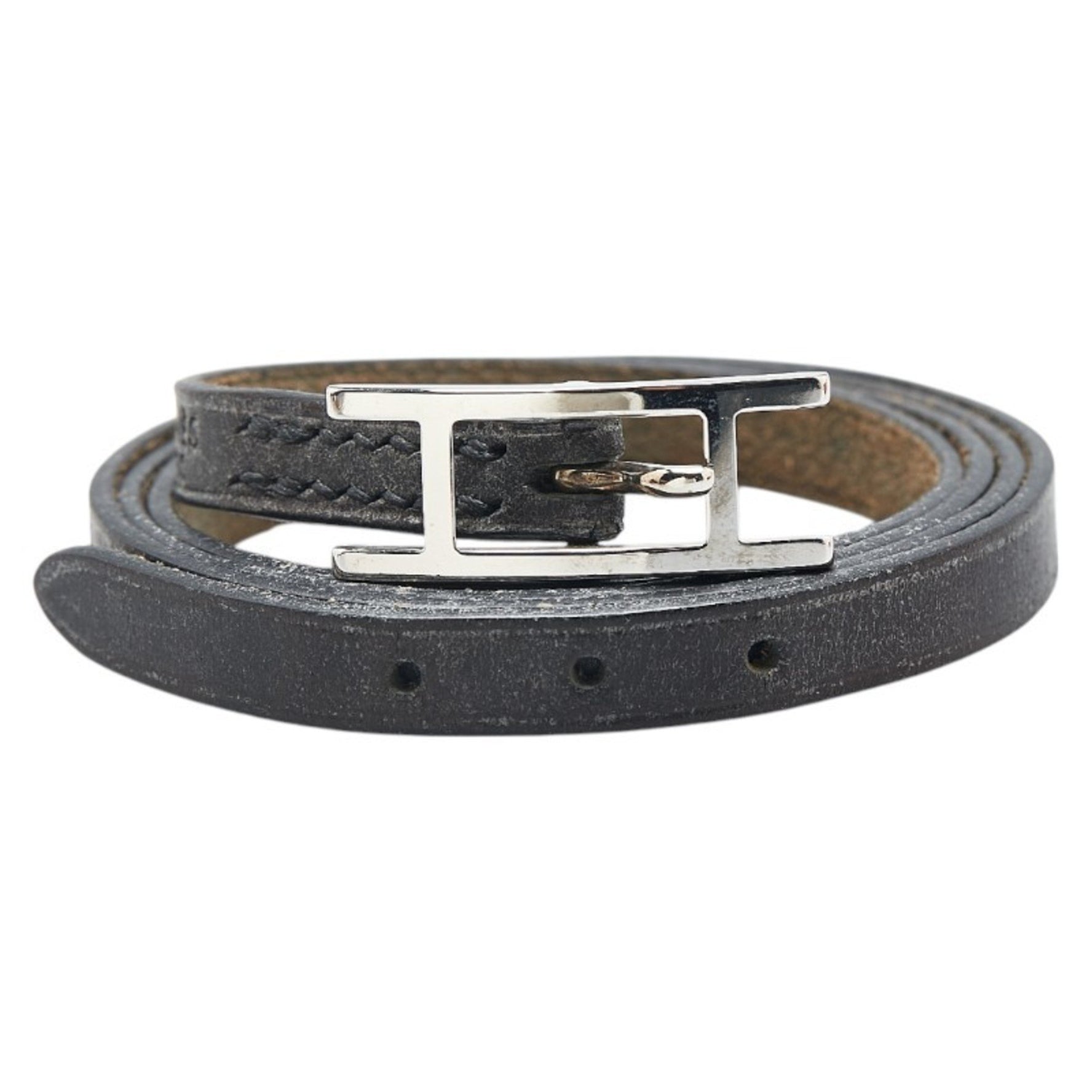 Hermes Long Bracelet Choker Black Silver Leather