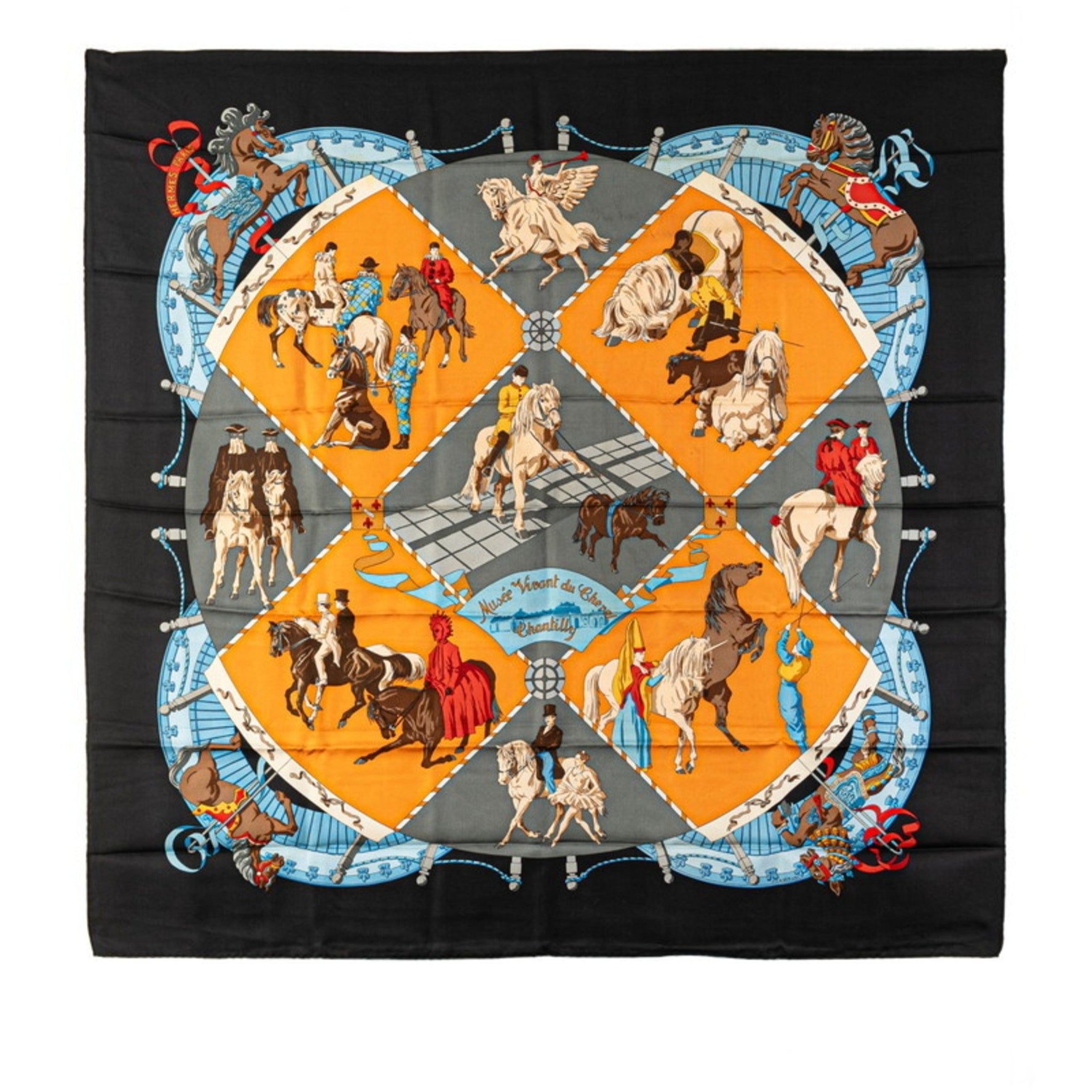 Hermes Carré 90 Musee Vivant du Cheval Chantilly Castle Horse Museum Scarf Muffler Black Multicolor Silk