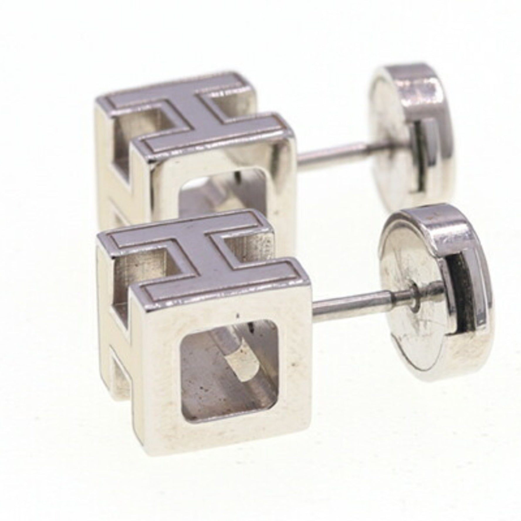 Hermes Earrings, Cage d'Ash, H Cube Ivory, Silver, Metal, Stud